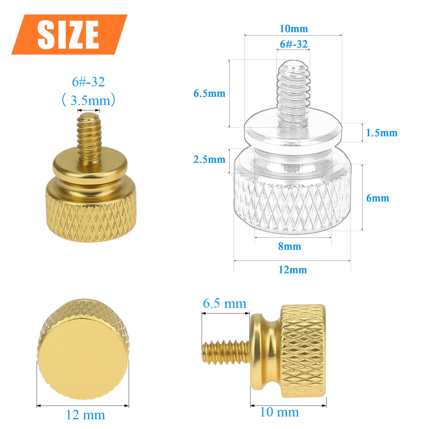 20-Pack Gold Anodized Aluminum 6-32 Thread Thumb Screws for Computer Case, Cover, Power Supply & Hard Drives - Secure PC Hardware Fastening Solution for DIY Builds & Upgrades