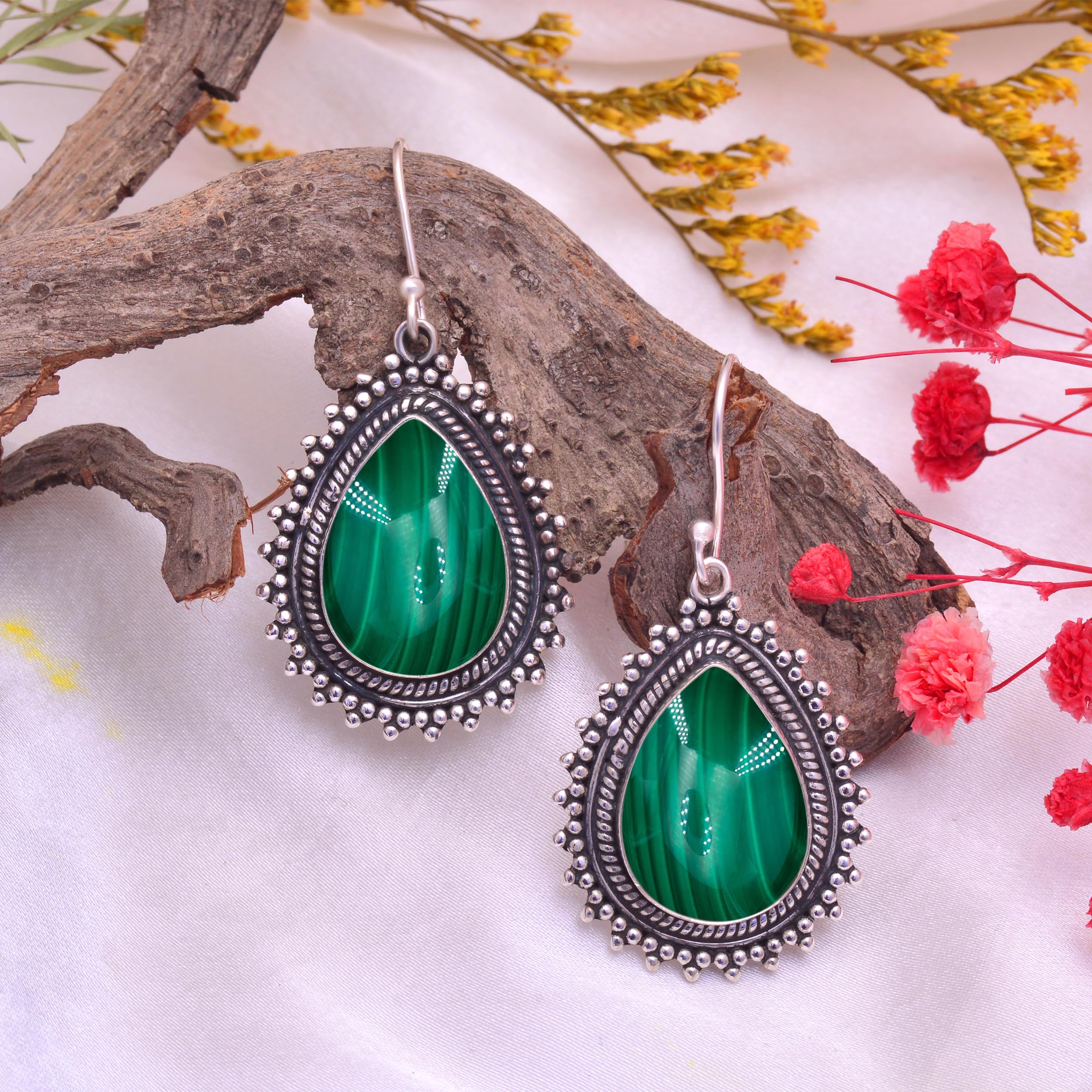 Veracity Jewelry 925 Sterling Silver Malachite Earrings for Women | Handmade Green Gemstone Dangle Earrings | VSE-530 | Perfect for Weddings, Parties & Everyday Wear