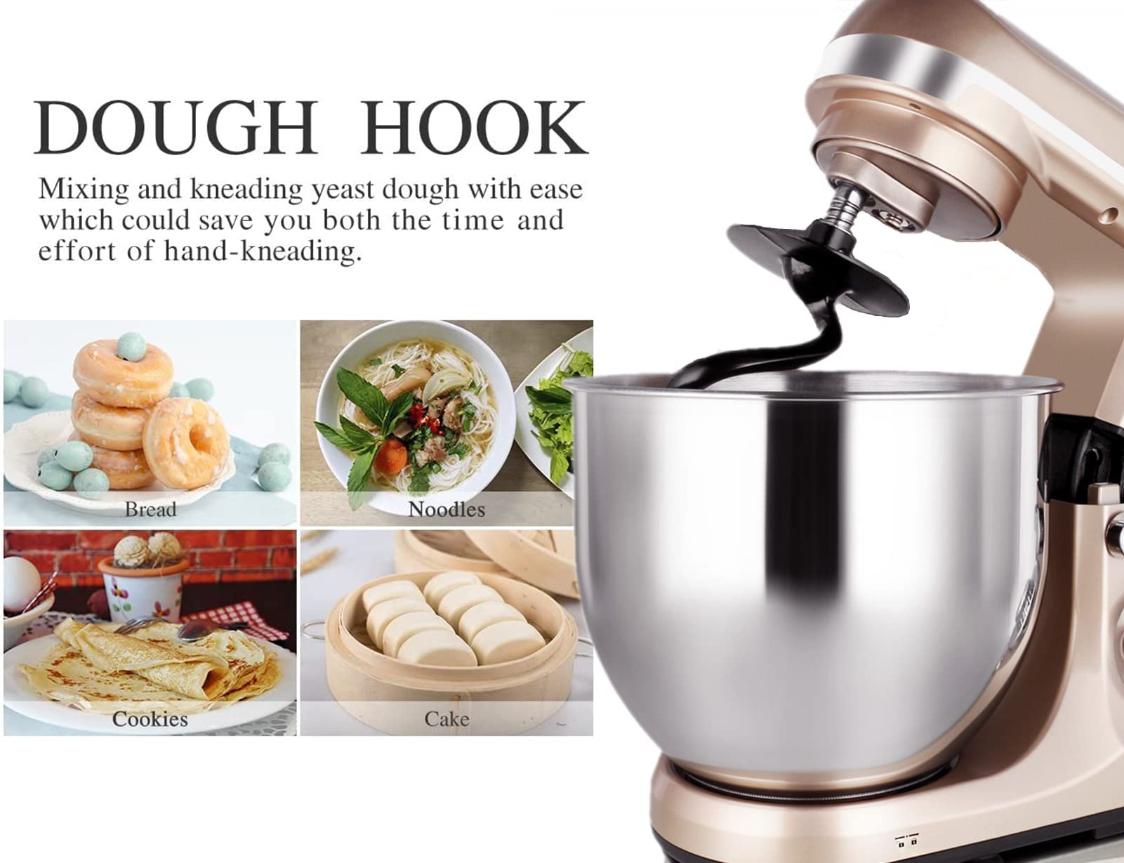 Professional 6-Qt Stand Mixer with Timer - 500W 6-Speed Tilt-Head Electric Kitchen Mixer, MK37 Model (Champagne) - Perfect for Baking, Dough Kneading & Cake Decorating