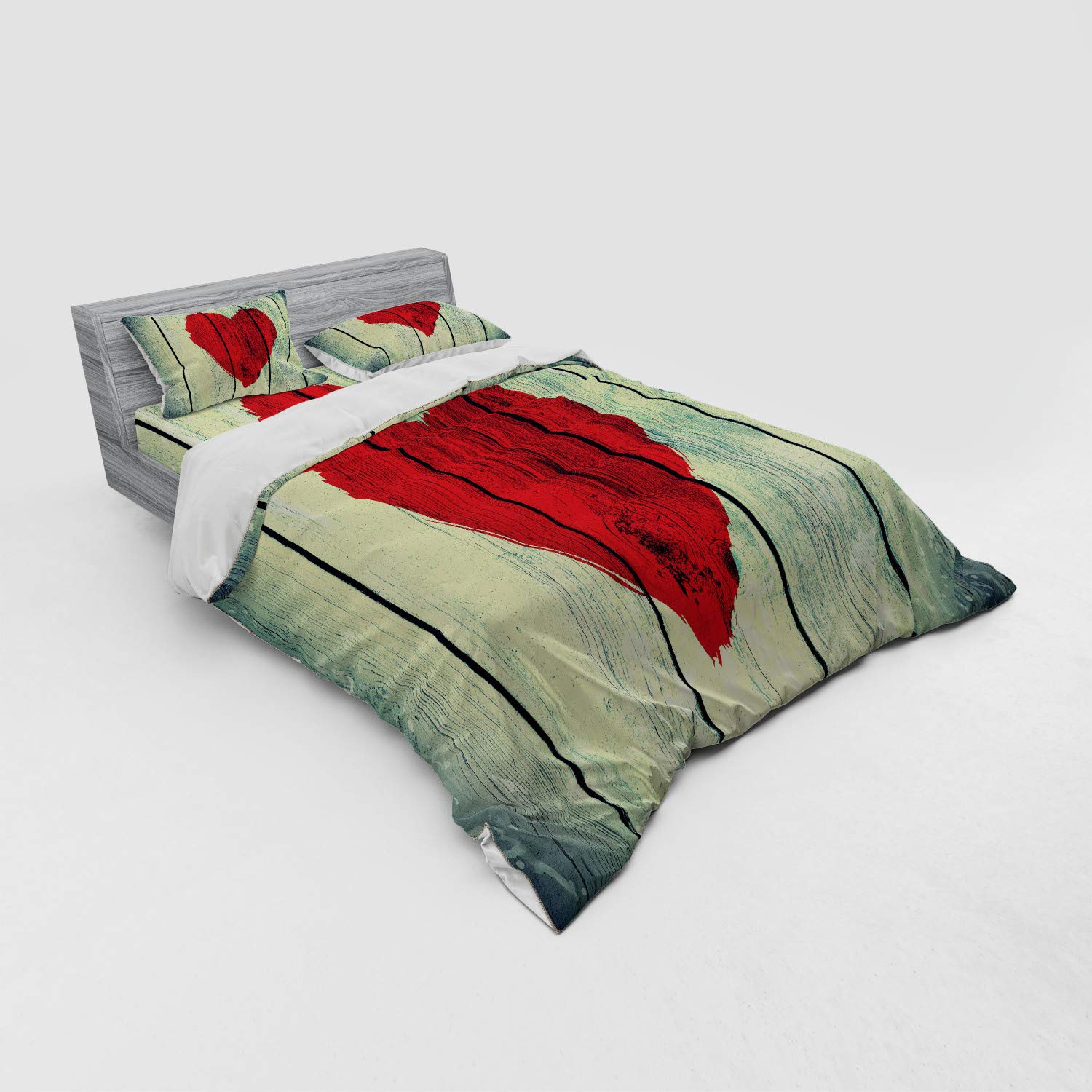 Ambesonne Love Themed 4-Piece Queen Bedding Set - Heart Print on Rustic Wood Design Duvet Cover with Shams & Fitted Sheet in Red & Pale Green | Romantic Bedroom Decor for Couples, Valentine's Gift, Cozy Home