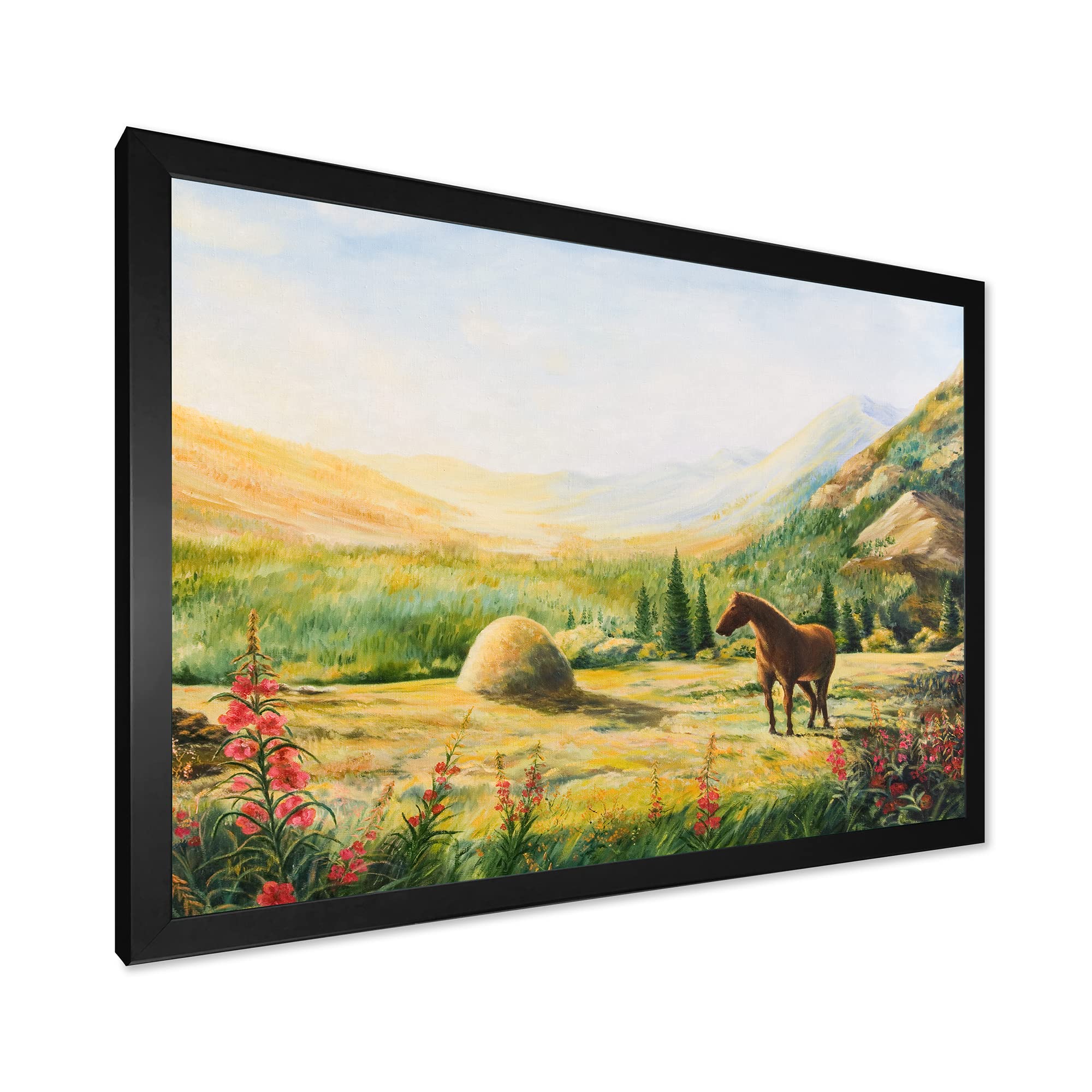 Morning Sun In The Mountains With Horse - Farmhouse Framed Wall Art Painting for Living Room, Bedroom & Office Decor | Rustic Countryside Landscape Canvas Print