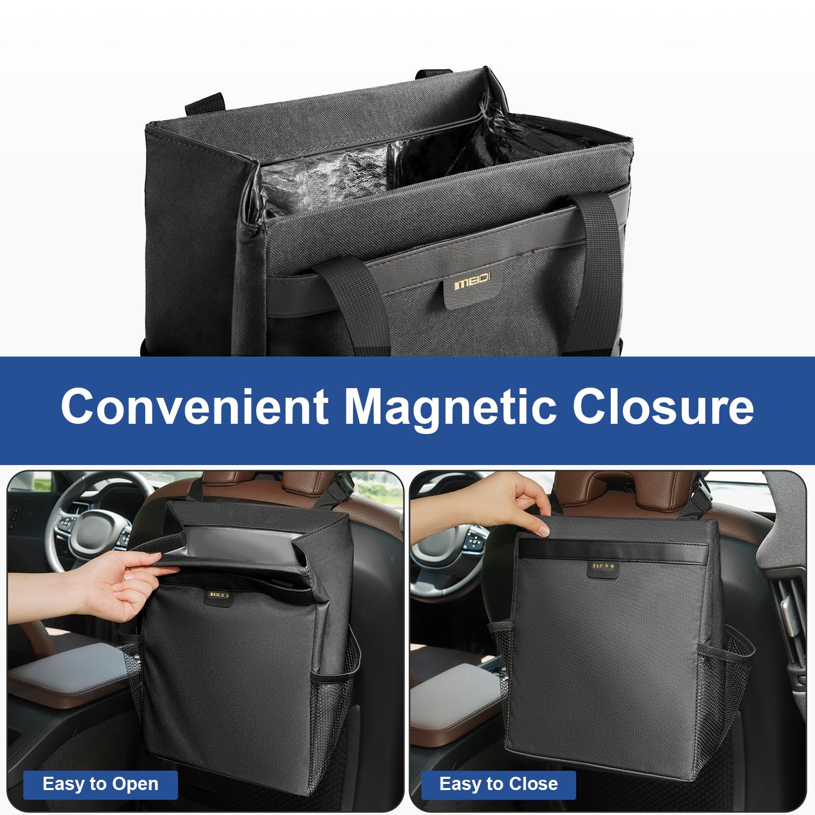 MEIDI Waterproof Magnetic Car Trash Can - Multipurpose Vehicle Garbage Bin for Sedan, SUV & Truck (Black) | Ideal for Road Trips, Commuting & Family Travel