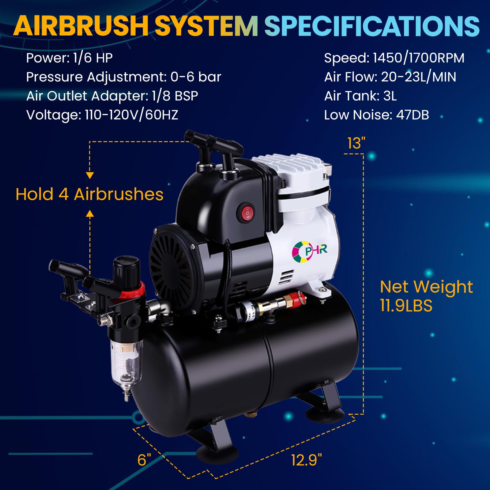 OPHIR Professional Airbrush Kit with 86 PSI Air Compressor - 110V Airbrushing System with 3L Tank, 0.3/0.5/0.8mm Nozzles & Color Wheel - Perfect for Model Painting, Automotive Art & Wall Murals