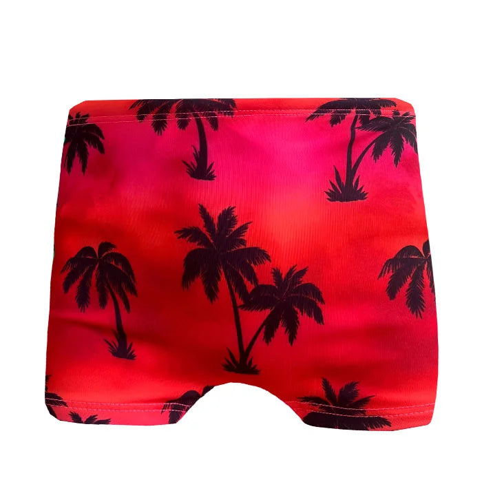 Red Tie Dye Coconut Trees Boys Swim Briefs - Quick Dry Swim Trunks for Kids, Beach & Pool Wear, Summer Vacation Essentials