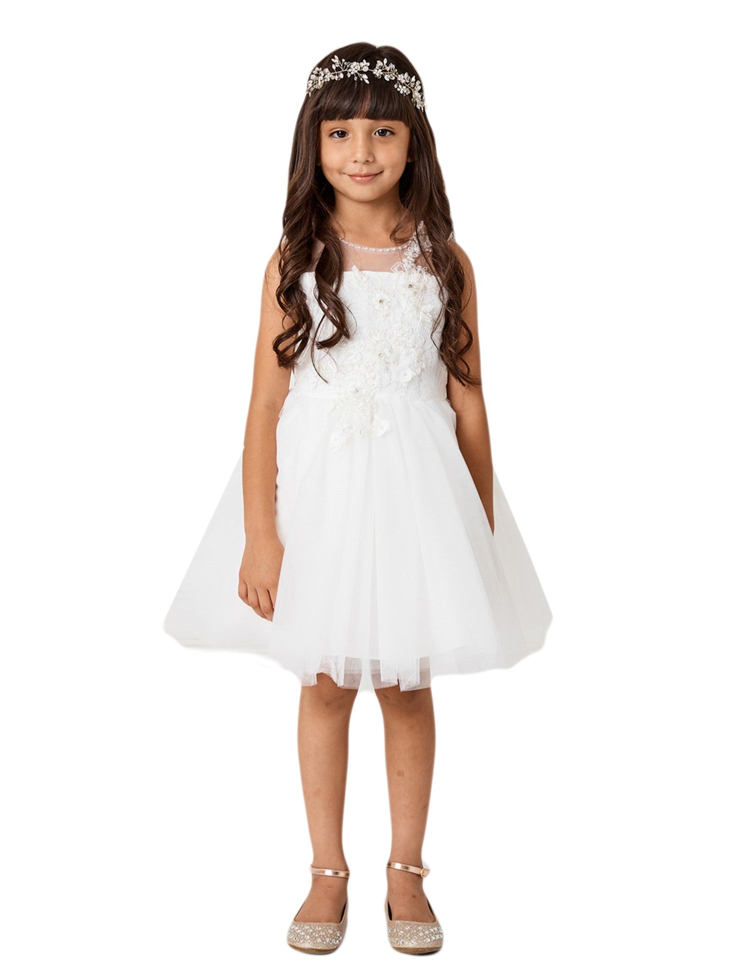 Ivory Illusion Neckline Lace Bodice with 3D Flowers for Junior Bridesmaids - Big Girls Size 8-14 - Perfect for Weddings, Prom & Special Occasions
