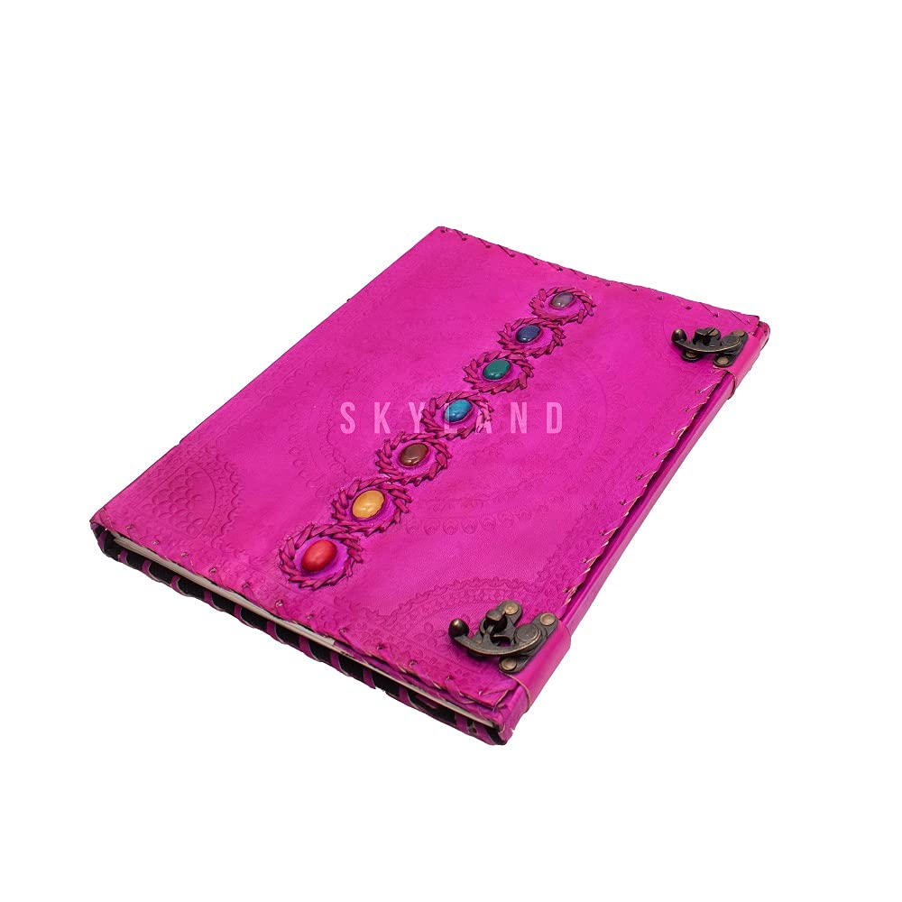 SKYLAND Handmade Leather Journal - Seven Chakra Embossed Medieval Stone Design, 10x13 inch Pink Book of Shadows | Perfect for Wiccan Rituals, Poetry Writing, Sketching & Office Diary | Premium College Notebook & Gift Idea