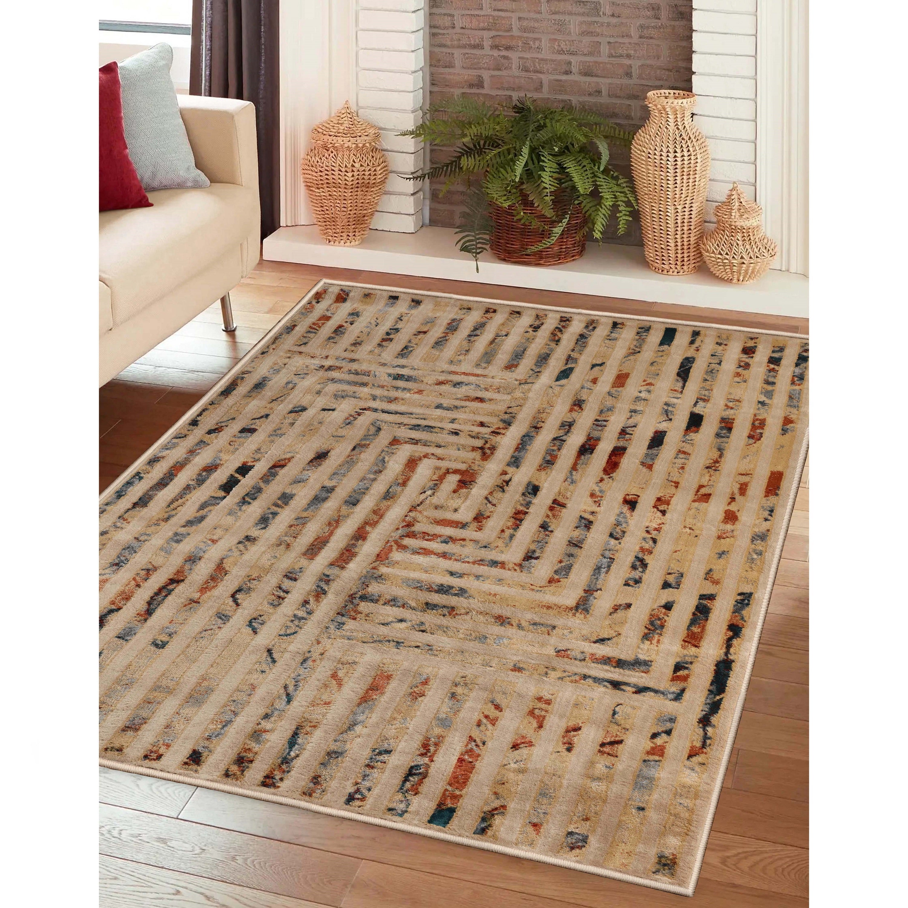 Modern Geometric Abstract Boho Area Rug - Non-Slip Handmade Vintage Runner for Living Room, Bedroom, Office - Soft & Durable Boho Chic Home Decor