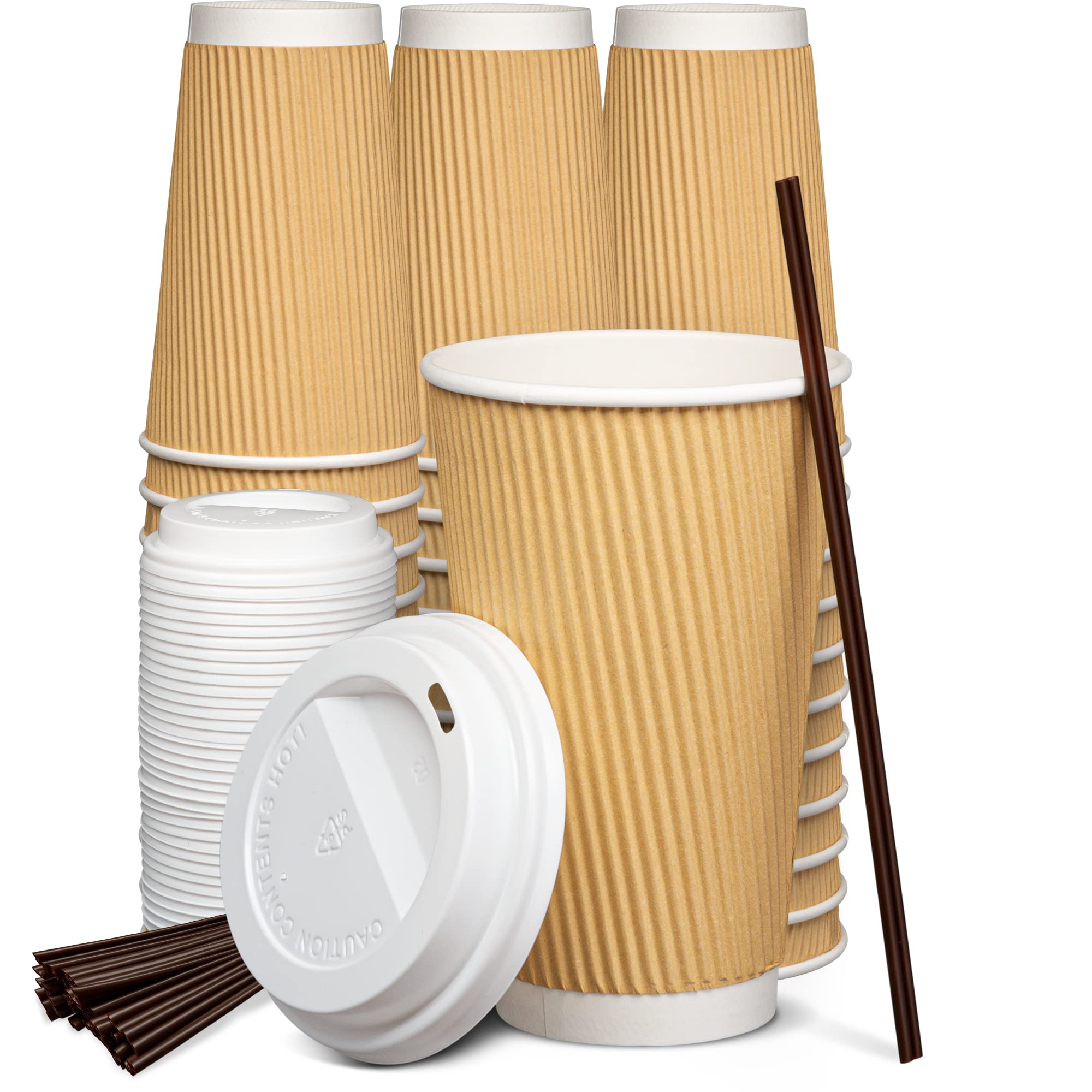 250 Pack 16 oz Insulated Kraft Ripple Paper Hot Cups with Lids - Disposable Coffee Cups for Hot Beverages, Perfect for Coffee Shops, Office Break Rooms & Travel Commutes