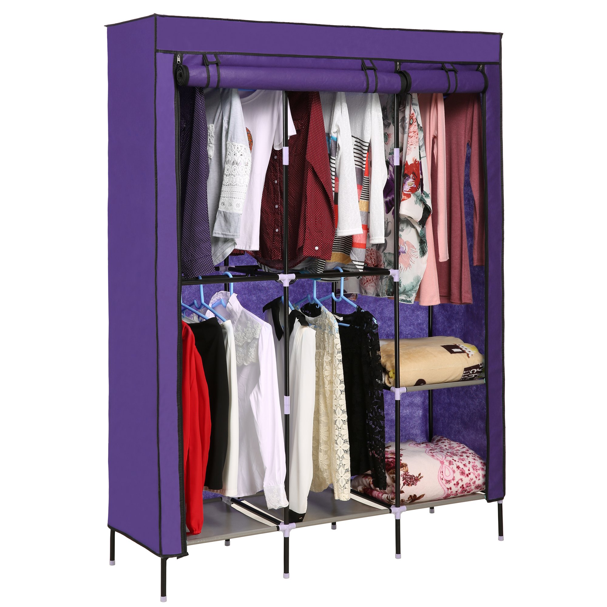 Portable Closet Wardrobe - Double Rod Freestanding Storage with Non-Woven Fabric, Easy Assembly for Bedroom, Closet Organizer, Travel & Temporary Housing (Light Violet, US Stock)