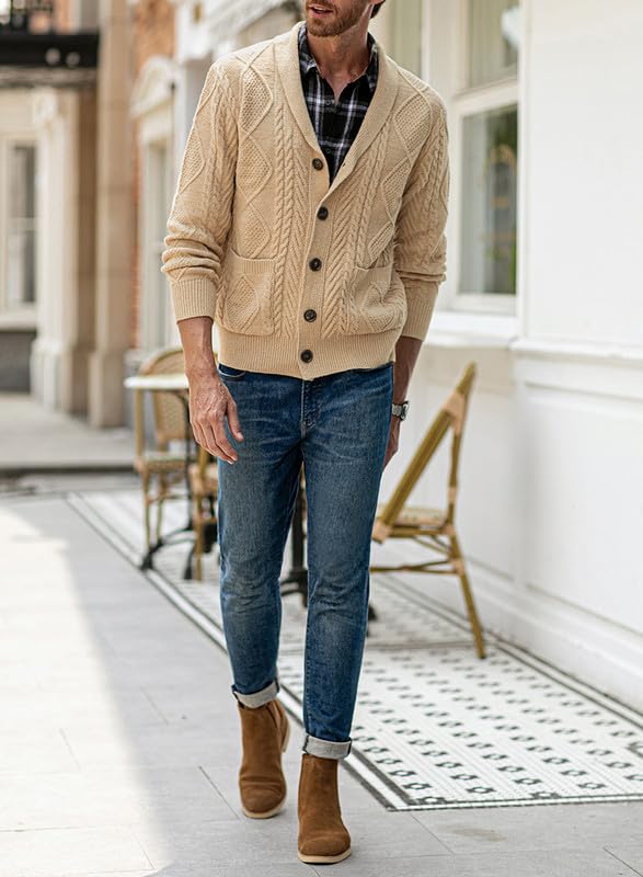 Men's Slim Fit Cable Knit Shawl Collar Cardigan Sweater with Pockets - Casual Button Up Pullover for Fall & Winter - Perfect for Office, Date Night and Weekend Outings