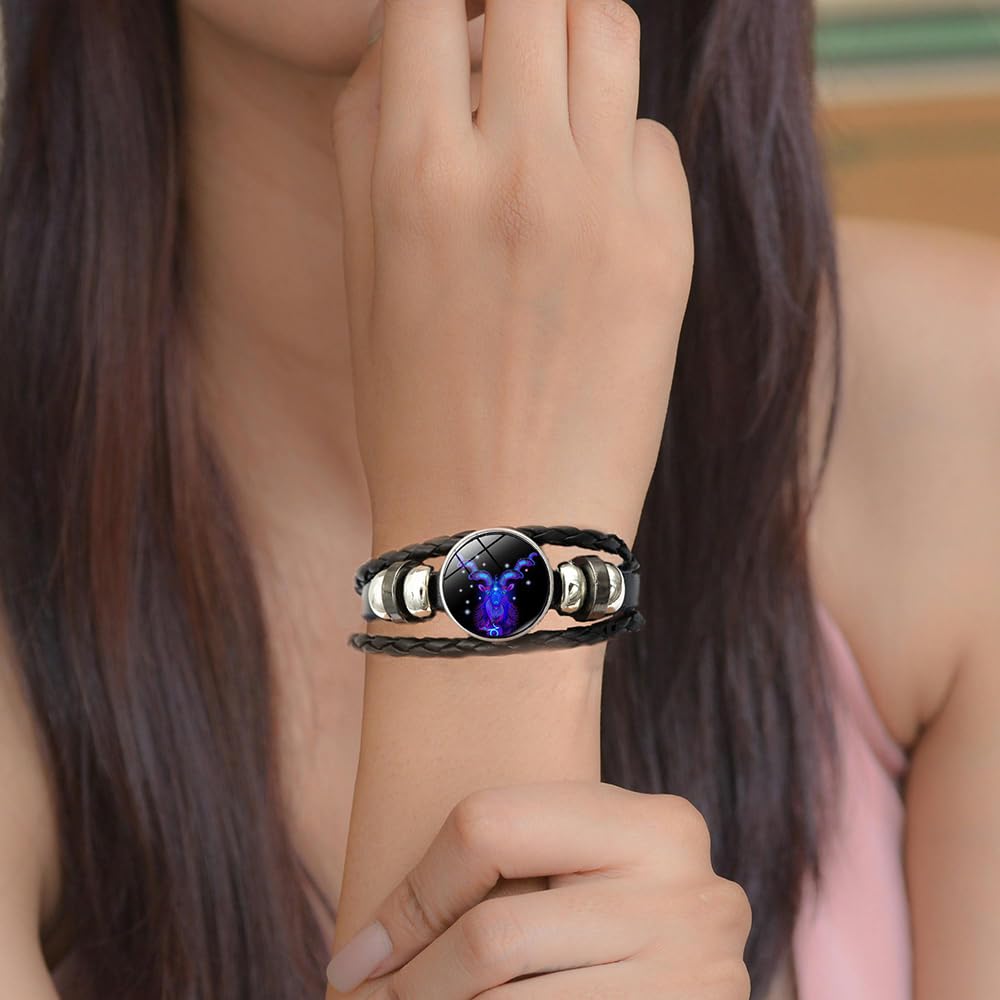 Handmade Adjustable Zodiac Sign Bracelet for Women & Men - 12 Constellation Leather Woven Glow in the Dark Spiritual Jewelry | Perfect Gift for Astrology Lovers, Birthday Present & Spiritual Protection Accessory
