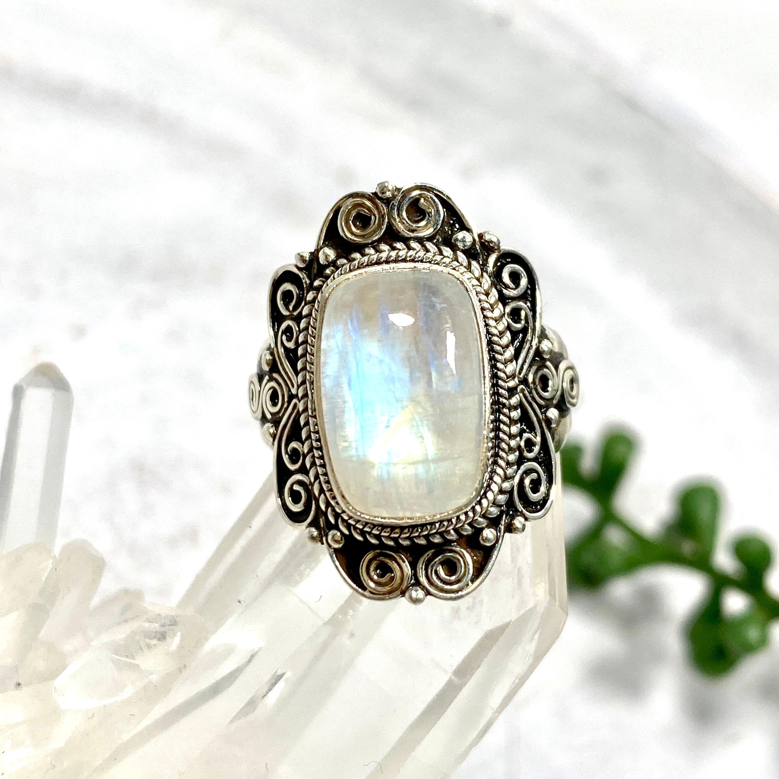 Boho Style Moonstone Rectangular Ring for Women - Size 8 - KRGJ2776 - Perfect for Casual Wear, Parties & Boho Fashion Accessories