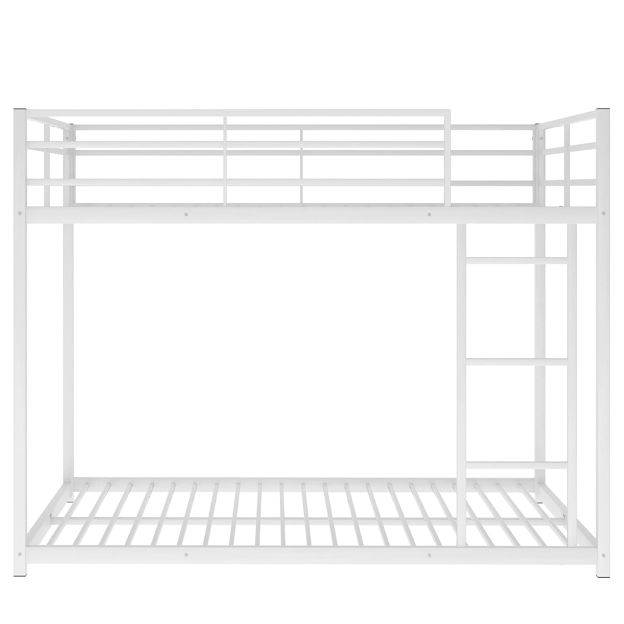 Full Over Full Metal Bunk Bed - Heavy Duty Low Profile Bunk Bed with Safety Guard Rails & Ladder for Kids, Teens & Adults - No Box Spring Required (Full Size, White Finish) - Perfect for Small Bedrooms, Dorms, Guest Rooms & Vacation Homes
