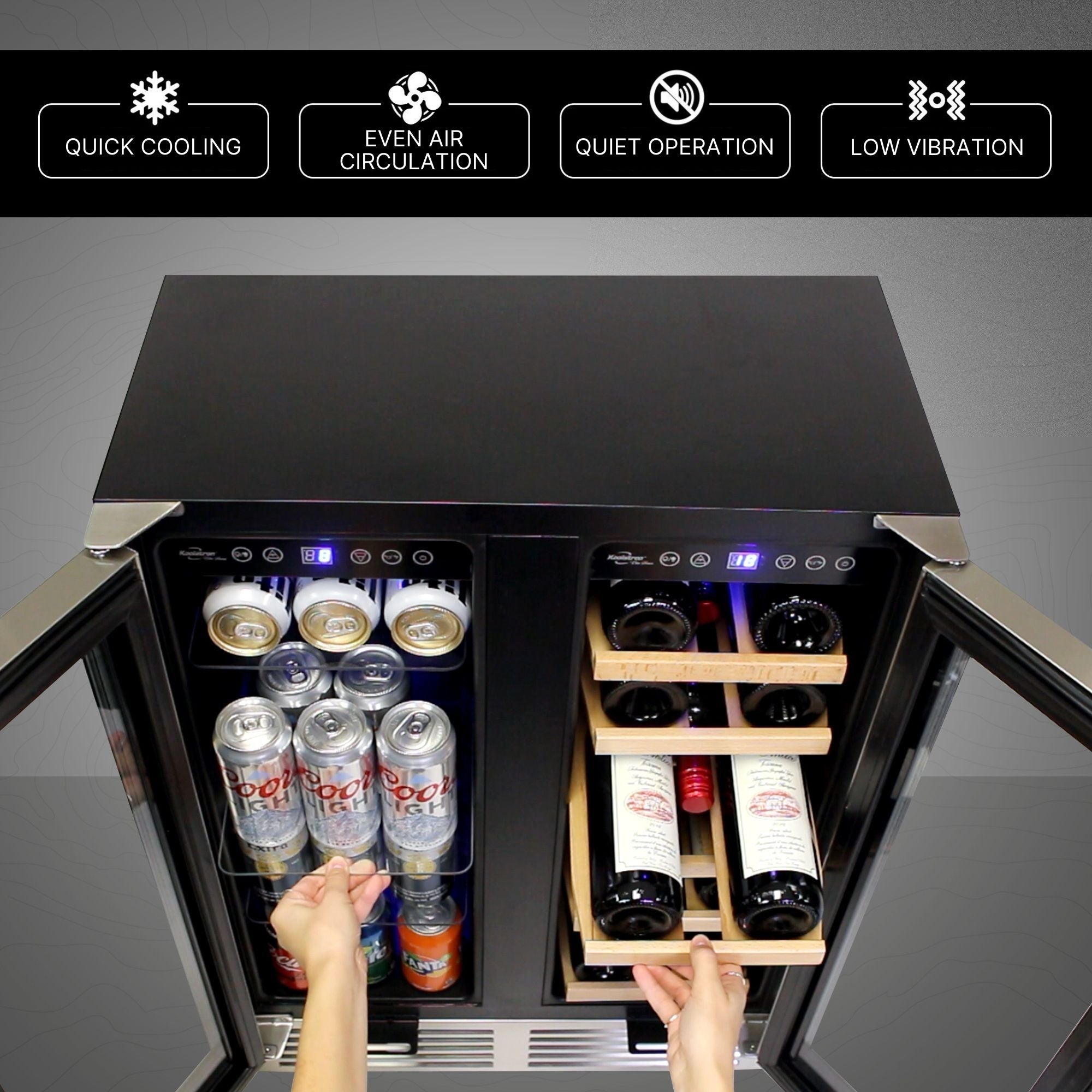 Koolatron 24-Inch Built-In Dual Zone Under Counter Wine and Beverage Refrigerator with Front Venting, Lock, Digital Controls - Holds 56 Cans & 18 Bottles - Stainless Steel French Door Wine Cooler for Home Bar, Kitchen, or Basement
