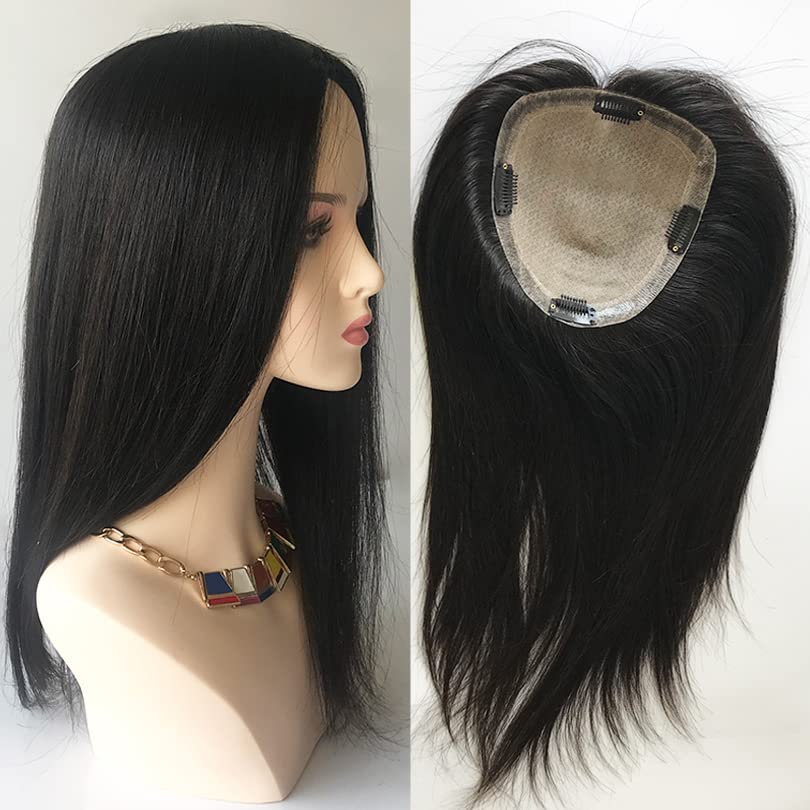 Premium 10-Inch Human Hair Topper for Women - Black & Dark Brown Silk Base Crown Toupee - 5x5 PU Edge Wiglet for Thinning Hair (No Clip) | Perfect for Daily Wear, Special Occasions & Hair Loss Solutions