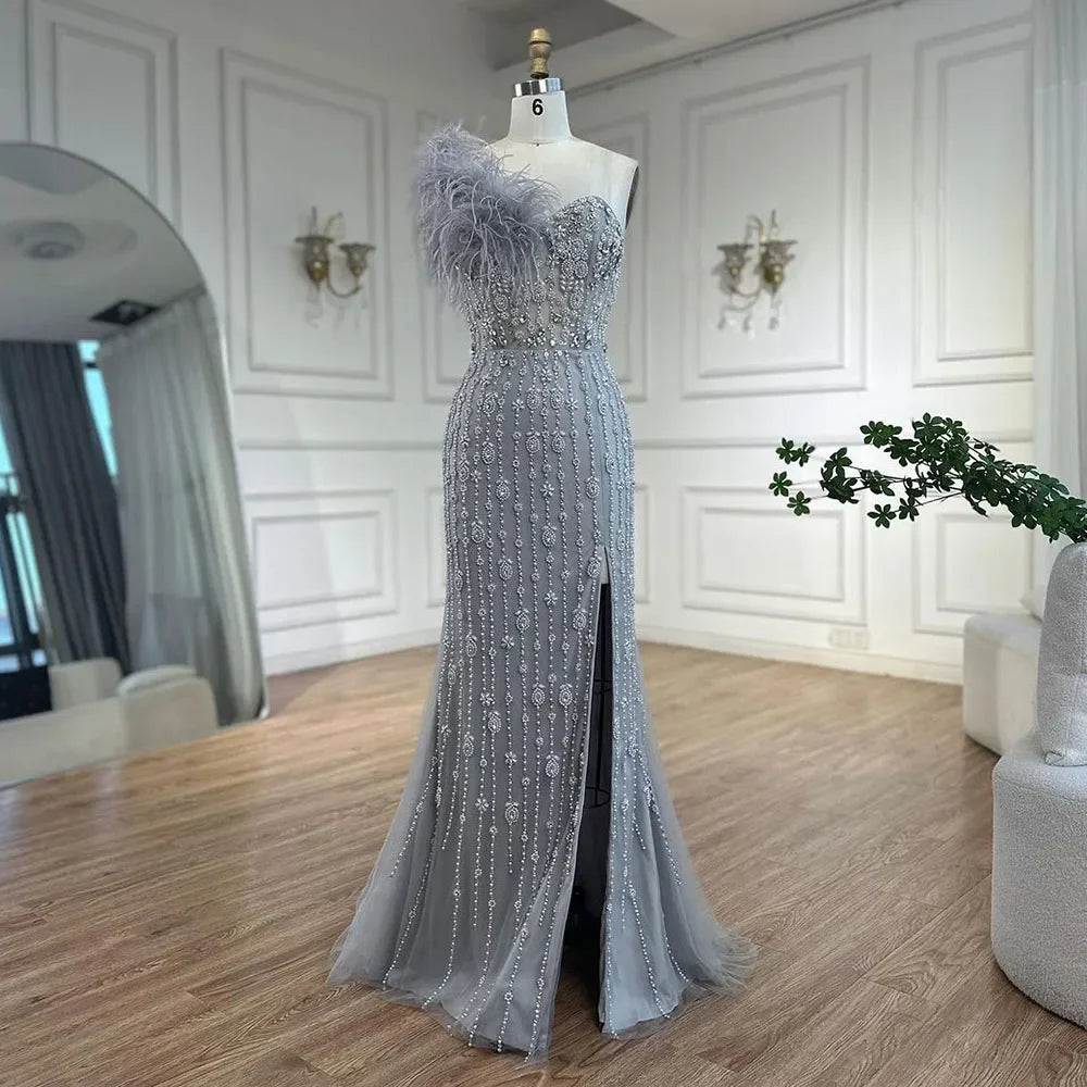 Elegant Gray Mermaid One Shoulder Beaded Feather Evening Gown for Women - High Slit Luxury Party Dress for Prom, Gala & Special Occasions - Serene Hill Collection LA72347