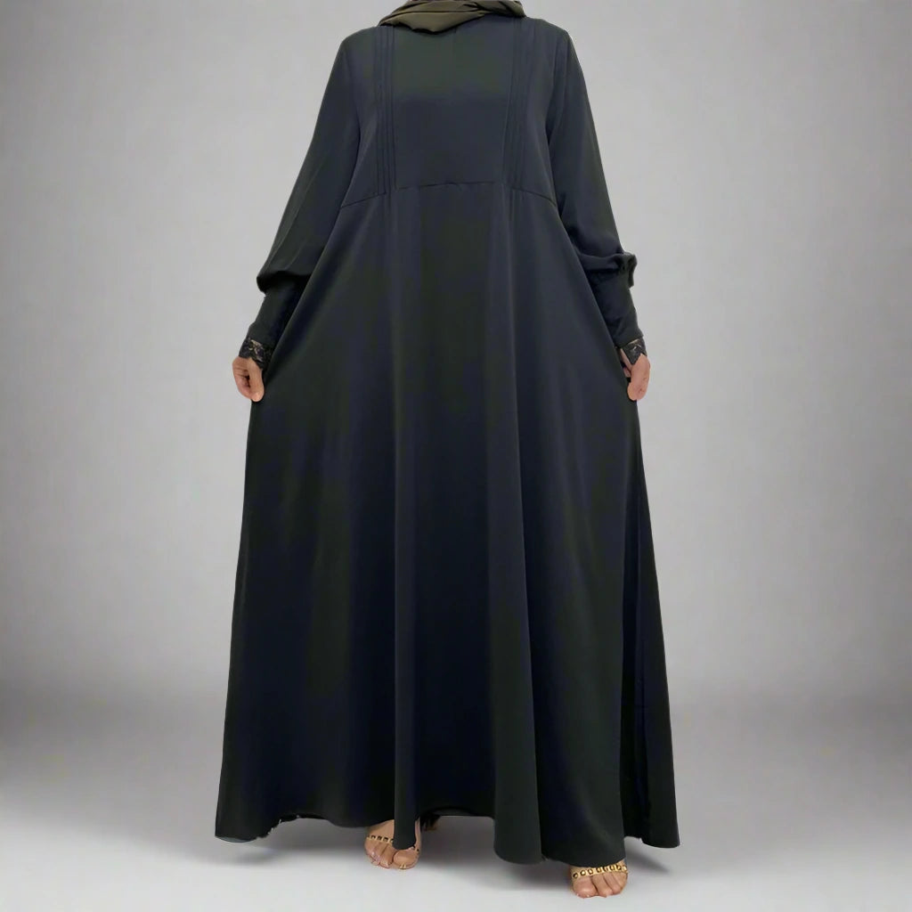 Elegant Front Zipper Lace Sleeve Muslim Abaya Dress for Women - Modest Islamic Prayer Dress for Mosque, Eid & Special Occasions