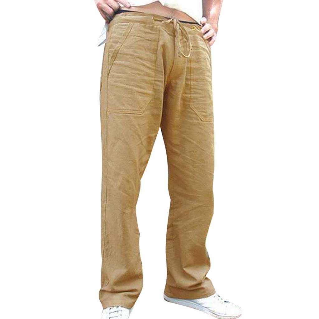 WOSHUAI Men's Linen Pants - Casual Solid Color Long Pants for Big & Tall - Slim Relaxed Fit Yoga Athletic Pants with Elastic Waist Drawstring | Perfect for Summer, Lounge, Travel & Yoga