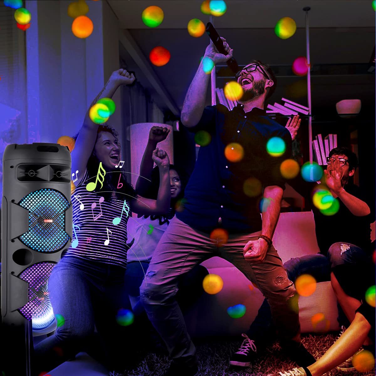 TWS Karaoke PA System with Wired Microphone & Wireless Bluetooth Speaker - Portable Dual 8'' DJ Speaker with Remote, FM Radio & Party Lights for Home Karaoke, Outdoor Events, and Live Performances