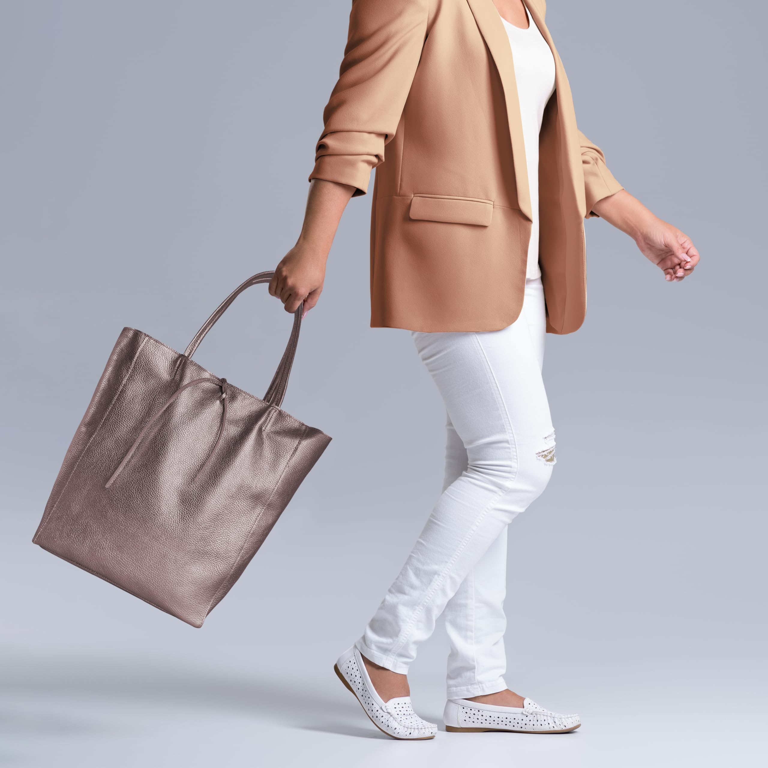 Genuine Italian Metallic Leather Tote Bag for Women - Large Zippered Handbag for Work, Travel & Shopping | Stylish Everyday Purse & Professional Office Bag