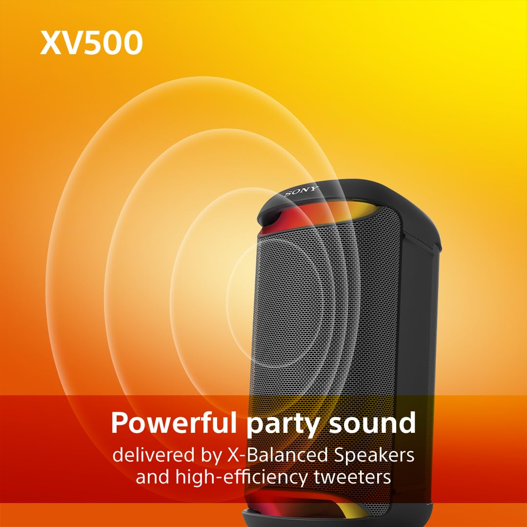 Sony SRS-XV500 Wireless Bluetooth Party Speaker with Powerful Sound, MEGA BASS, 25-Hour Battery - Portable Karaoke Speaker with LED Lights, IPX4 Waterproof, Mic/Guitar Inputs - Perfect for Outdoor Parties, Beach Trips & Home Entertainment (Black)