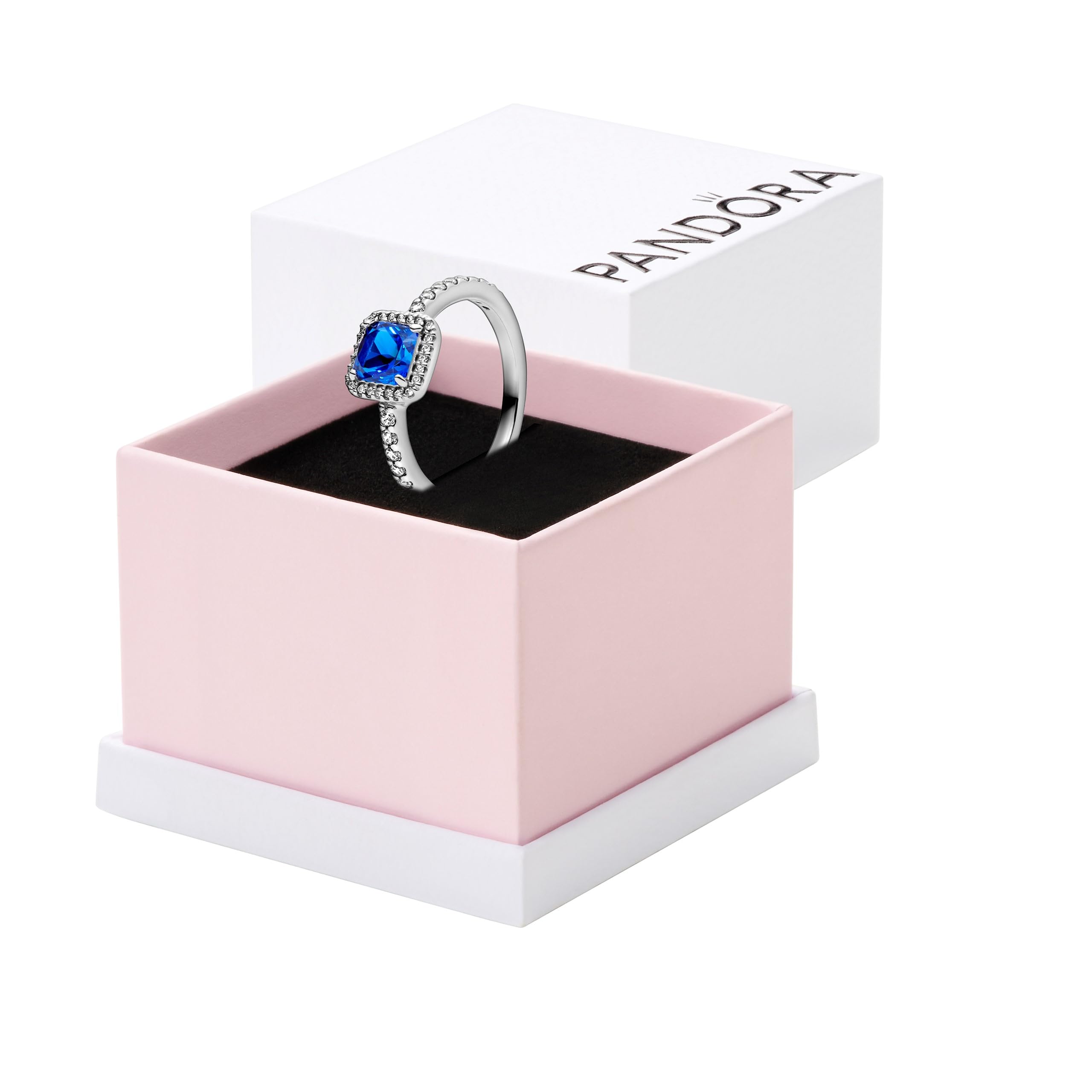 PANDORA Blue Square Sparkle Halo Ring for Women - Sterling Silver Stackable Ring with Blue Cubic Zirconia - Elegant Layering Jewelry Gift for Her (Includes Gift Box) - Perfect for Anniversary, Birthday & Everyday Wear