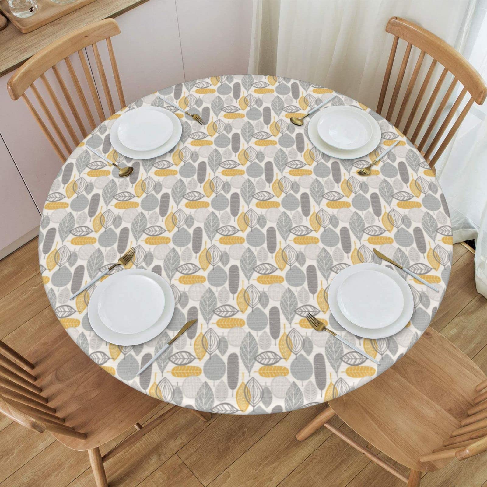 Waterproof Elastic Edged Round Fitted Tablecloth - Yellow Grey Leaves Design for 40
