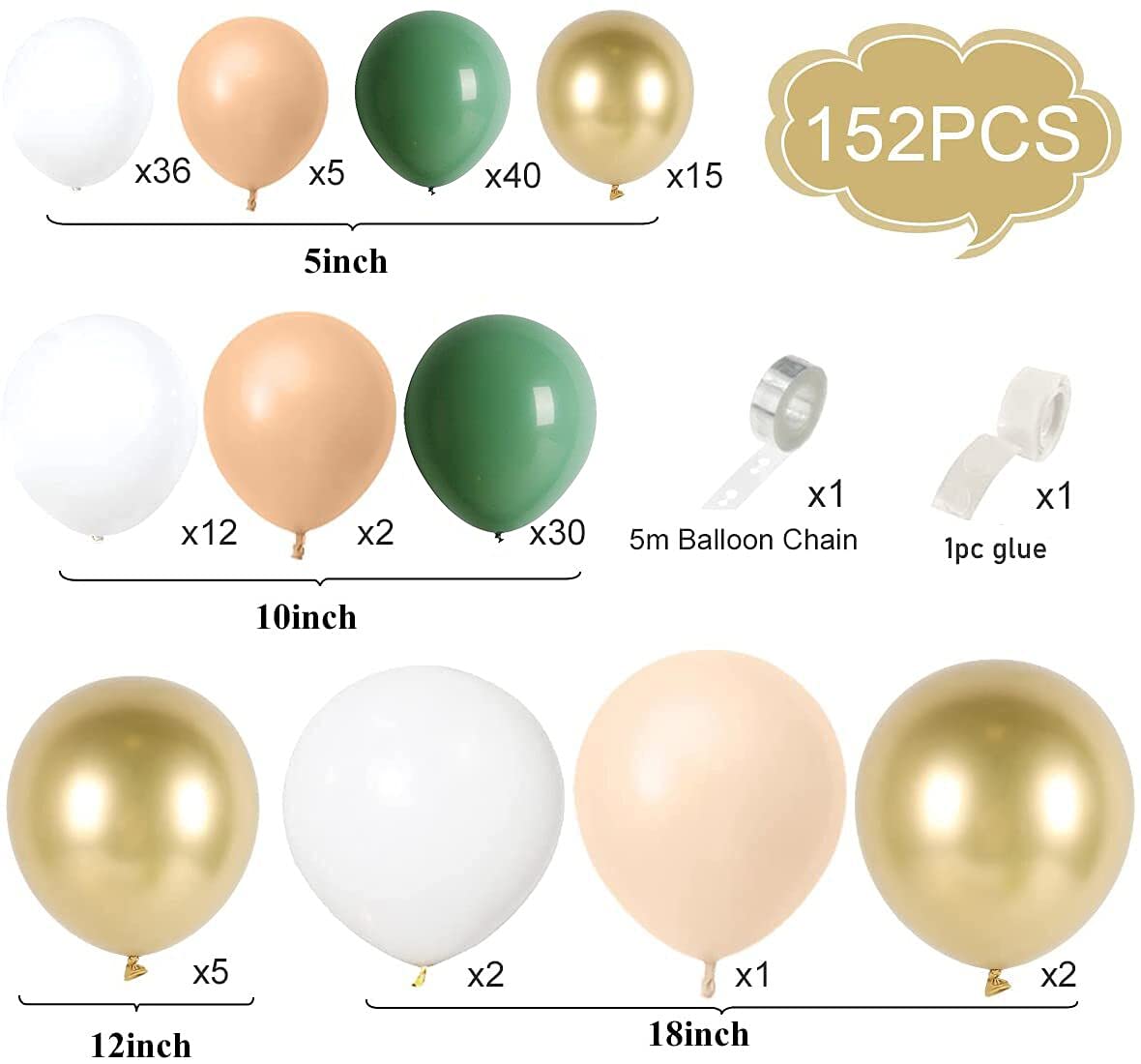 152-Piece Sage Green Balloon Garland Kit with White, Peach, Gold & Retro Olive Green Balloons - Wedding, Baby Shower, Bridal Shower & Birthday Party Decorations - Perfect for Indoor and Outdoor Celebrations