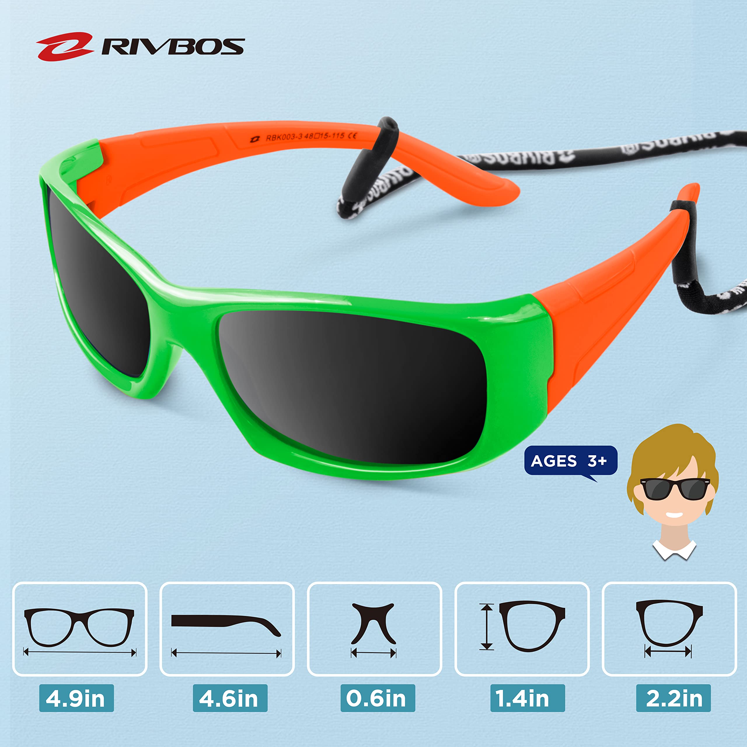 RIVBOS Polarized Kids Sunglasses with Strap - UV400 Protection, Flexible Rubber Frame for Boys & Girls (RBK003) - Perfect for Outdoor Play, Beach, Sports & Summer Activities