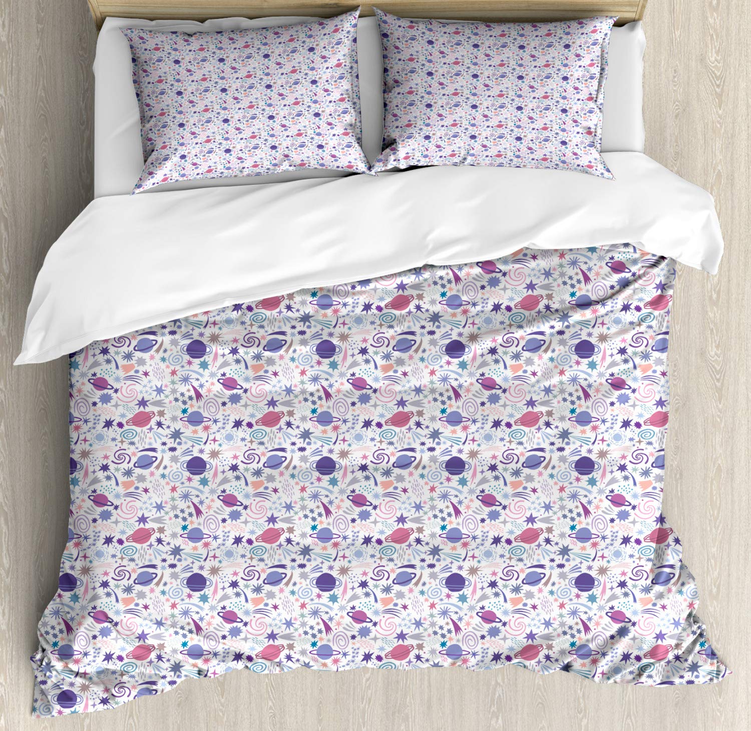 Ambesonne Outer Space Duvet Cover Set - Colorful Planets & Celestial Bodies Pattern, 3 Piece King Size Bedding with 2 Pillow Shams - Galaxy Themed Kids Room Decor for Boys & Girls Bedroom - Perfect for Space Enthusiasts & Astronomy Lovers