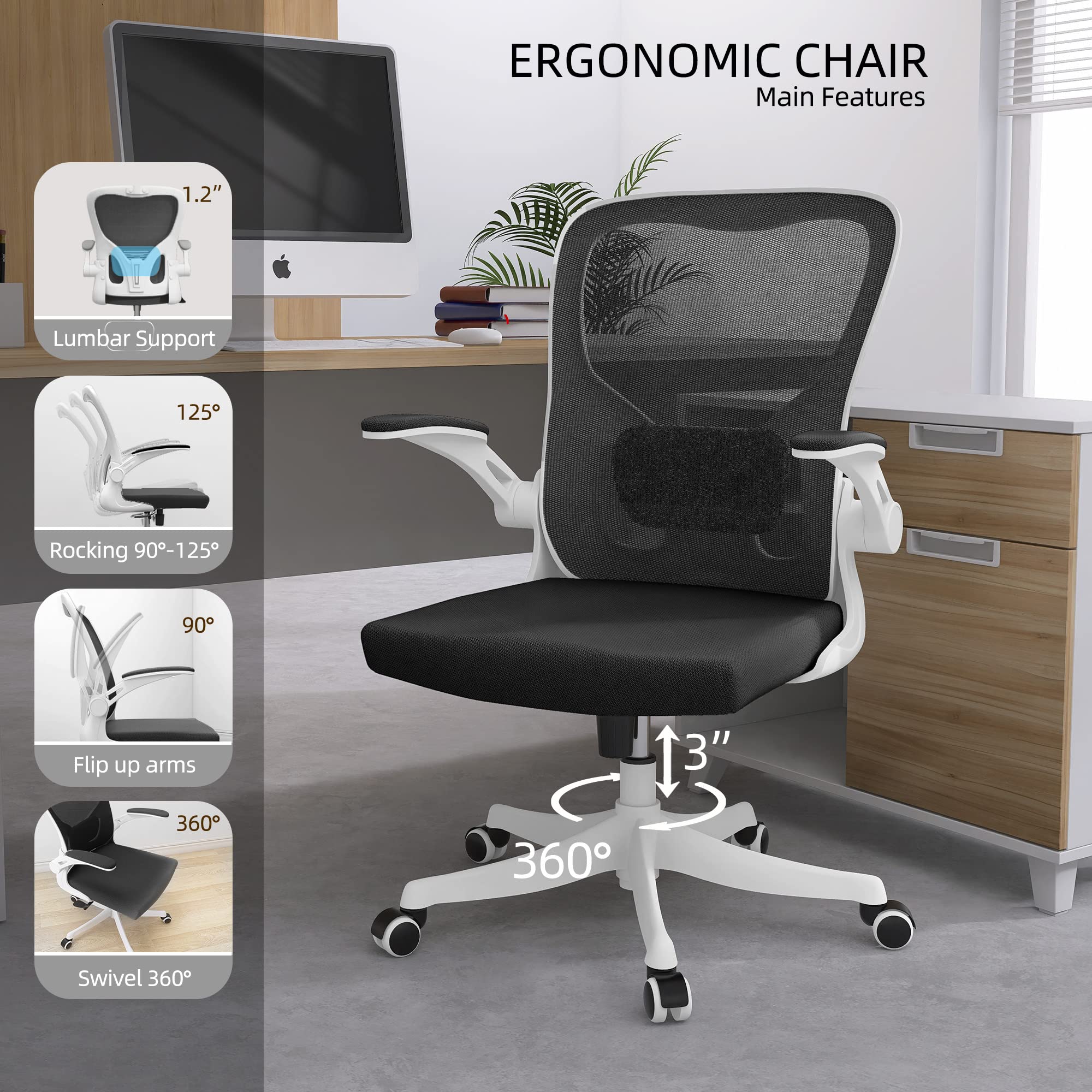 Monhey Ergonomic Office Chair with Lumbar Support - High Back Mesh Computer Desk Chair with Flip-Up Arms, Swivel & Rocking Function - White Frame & Black Mesh - Perfect for Home Office, Study & Workspace