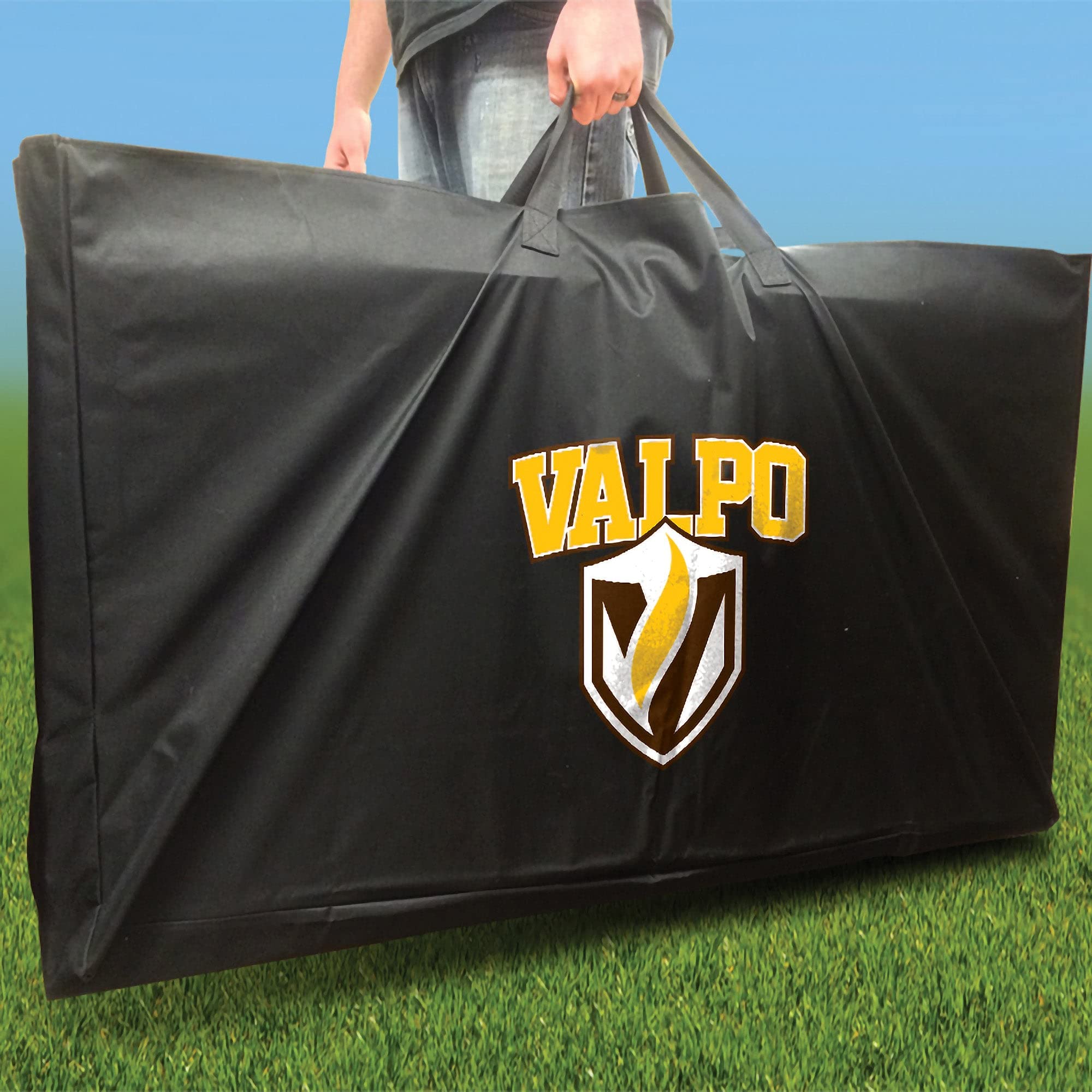 Premium Valpo Pyramid Cornhole Boards Set - 2 Boards & 8 Custom Team Logo Bags for Outdoor Tailgating, Backyard Parties, and Lawn Games