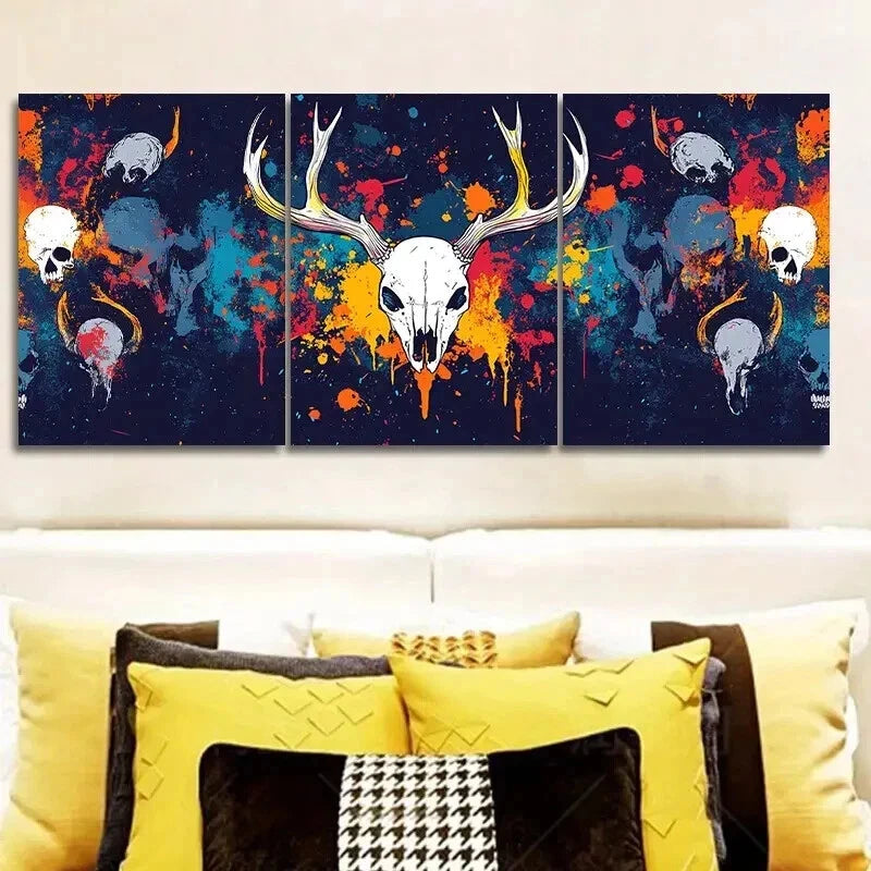 3-Piece Skull and Bison Horn Wall Art Set - Framed Canvas Prints 50x70cm (20x28 Inches) - High Quality Australian Made Home Decor - Perfect for Living Room, Bedroom or Office Decoration