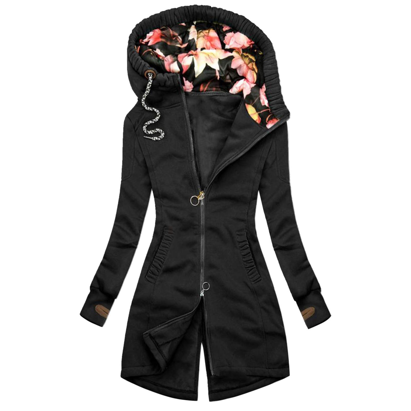 Women's Floral Print Long Sleeve Pocket Sweatshirt Jacket with Zipper - Casual Outerwear for Fall & Winter, Perfect for Daily Wear, Work, and Outdoor Activities