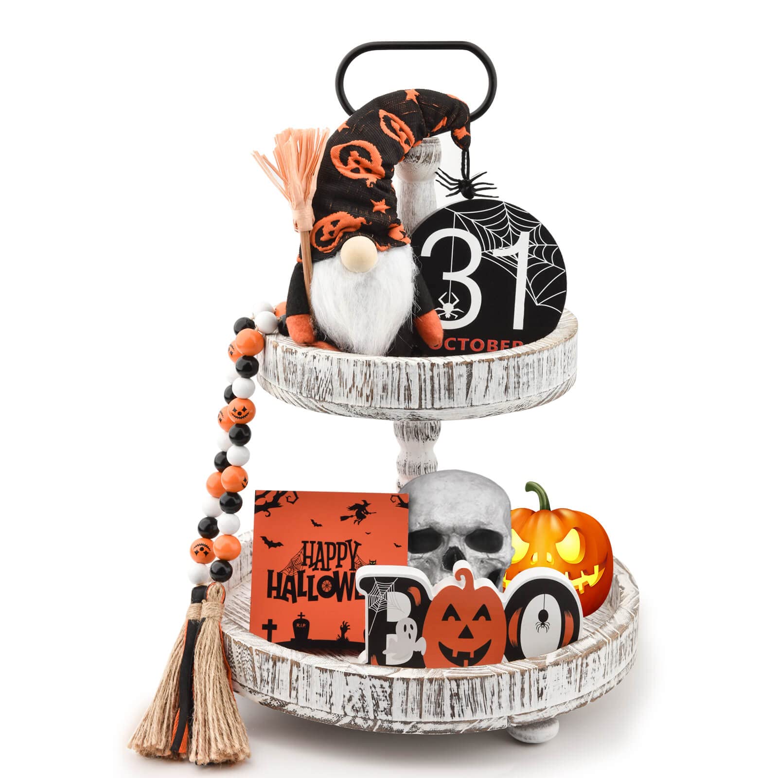 Halloween Tiered Tray Decor Set - Rustic Farmhouse Wooden Sign with Cute Gnomes, Plush & Bead Garland - Indoor Home Decor for Table, Desk, Room - Perfect for Fall Parties, Thanksgiving Centerpiece & Seasonal Home Styling