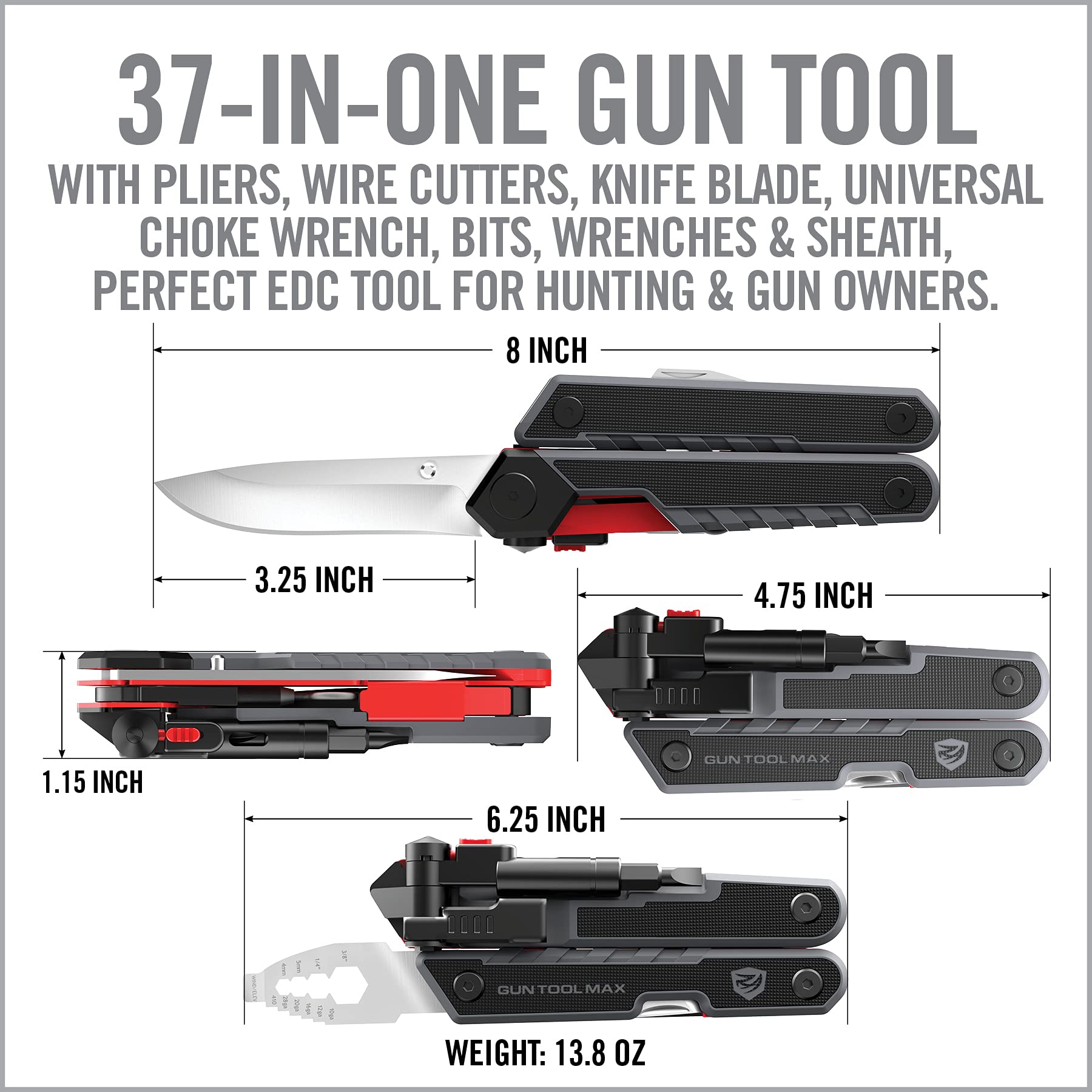 Real Avid Gun Tool Max - 37-in-1 Multitool for Gunsmithing & Firearm Maintenance | Includes Pliers, Wire Cutters, Knife Blade, Universal Choke Wrench, Bits & Wrenches | Durable Sheath Included | Ideal EDC Tool for Hunting, Shooting Range & Gun Owners (Black)
