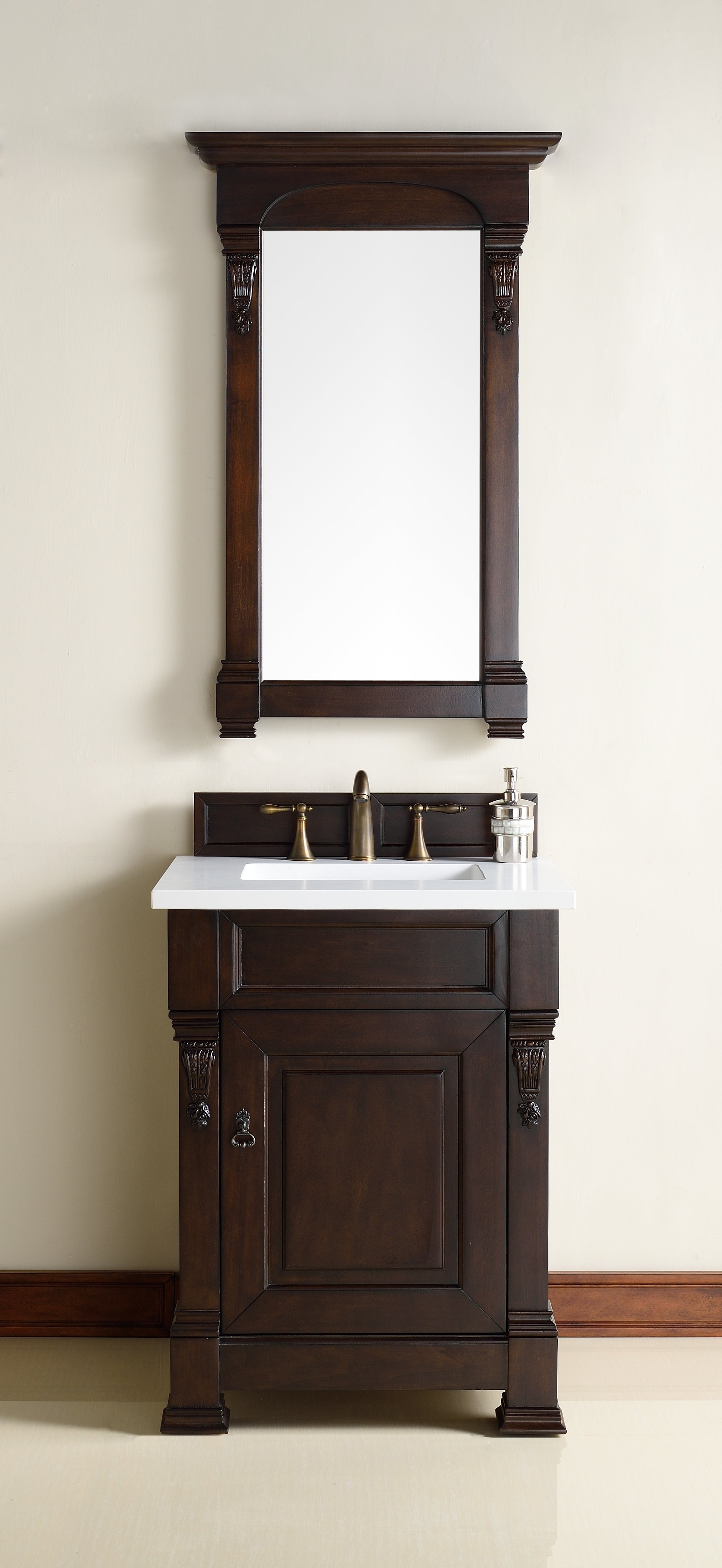 Brookfield 26 Inch Single Bathroom Vanity with Burnished Mahogany Base & 3CM Classic White Quartz Countertop - Perfect for Modern Home Bathroom Renovation