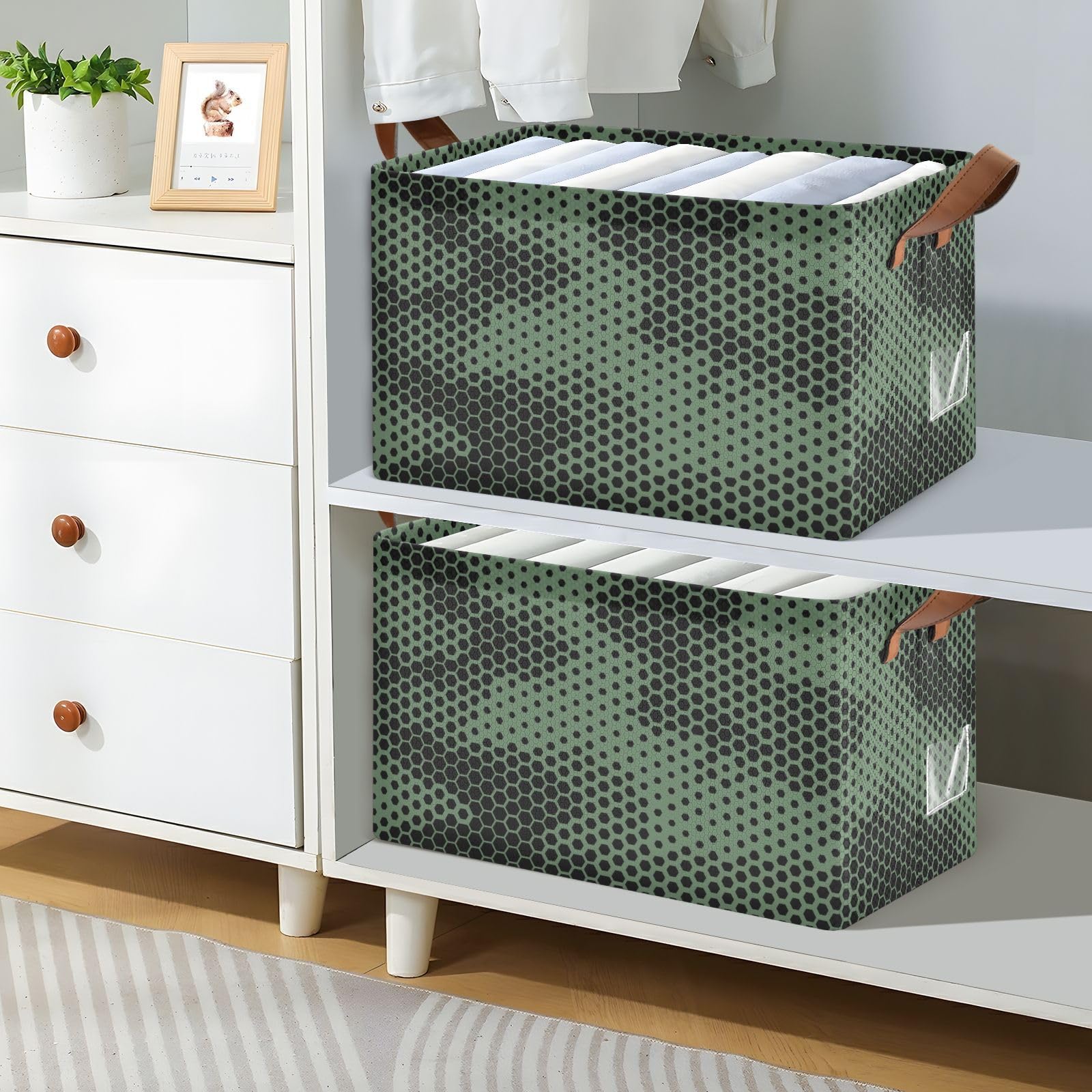 Green Camouflage Black Dots Foldable Storage Baskets with Handles - 2 Pack Collapsible Fabric Storage Cubes Organizer for Makeup, Books, Shelves - Perfect for Living Room, Bedroom & Closet Organization