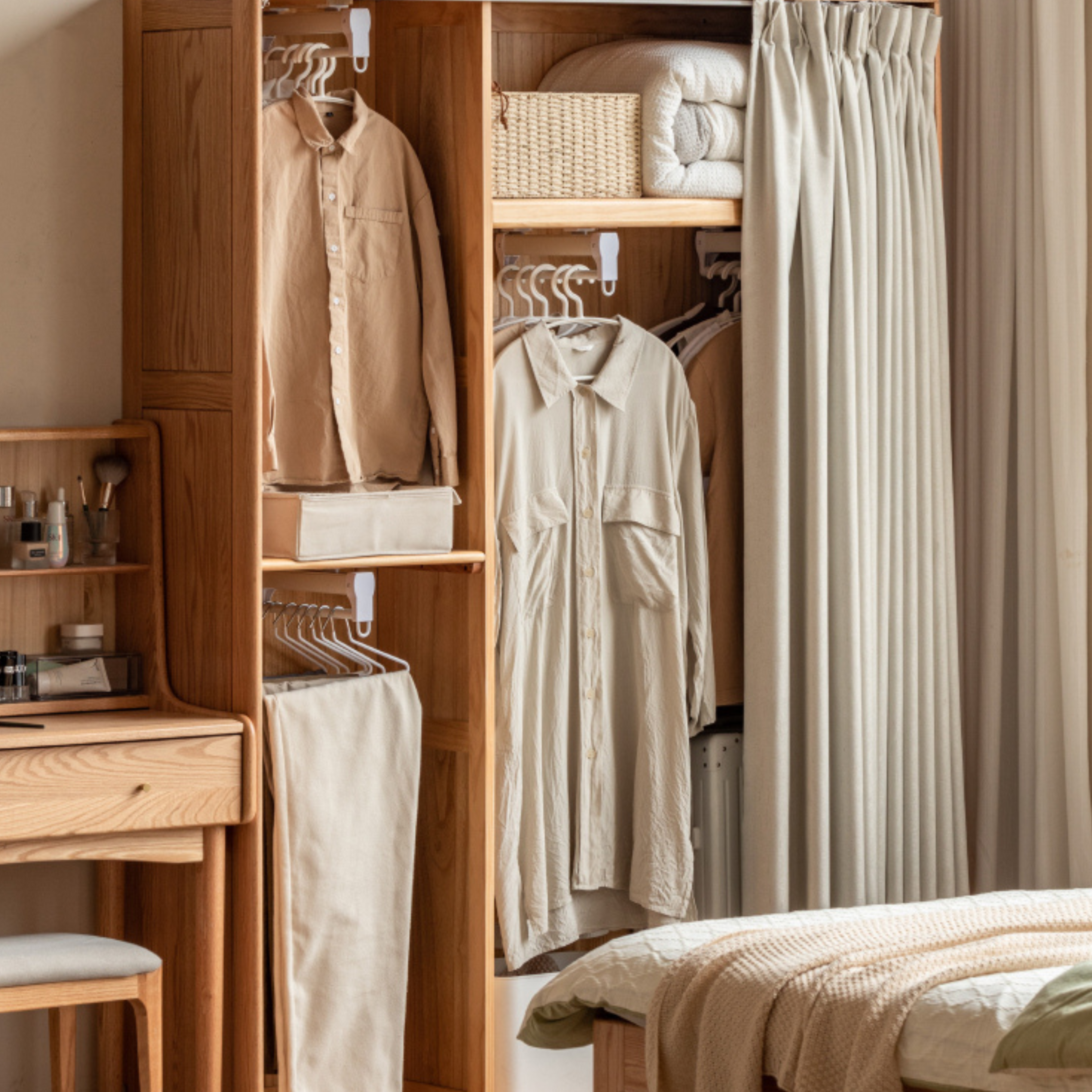 Solid Oak Wood Wardrobe with Thin Fabric Curtain - Stylish Closet Organizer for Bedroom, Living Room & Dorm Storage