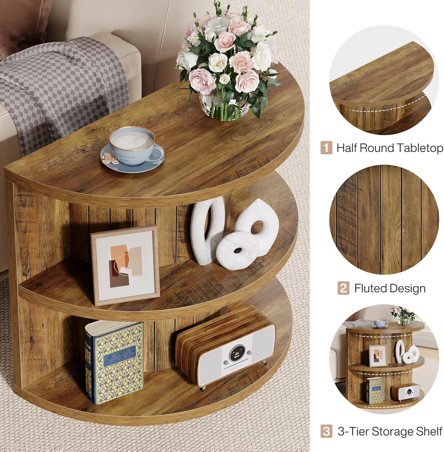 3 Tier End Table with Storage Shelves - Half Round Wooden Side Table for Living Room, Bedroom & Office - Compact Space-Saving Furniture for Small Apartments