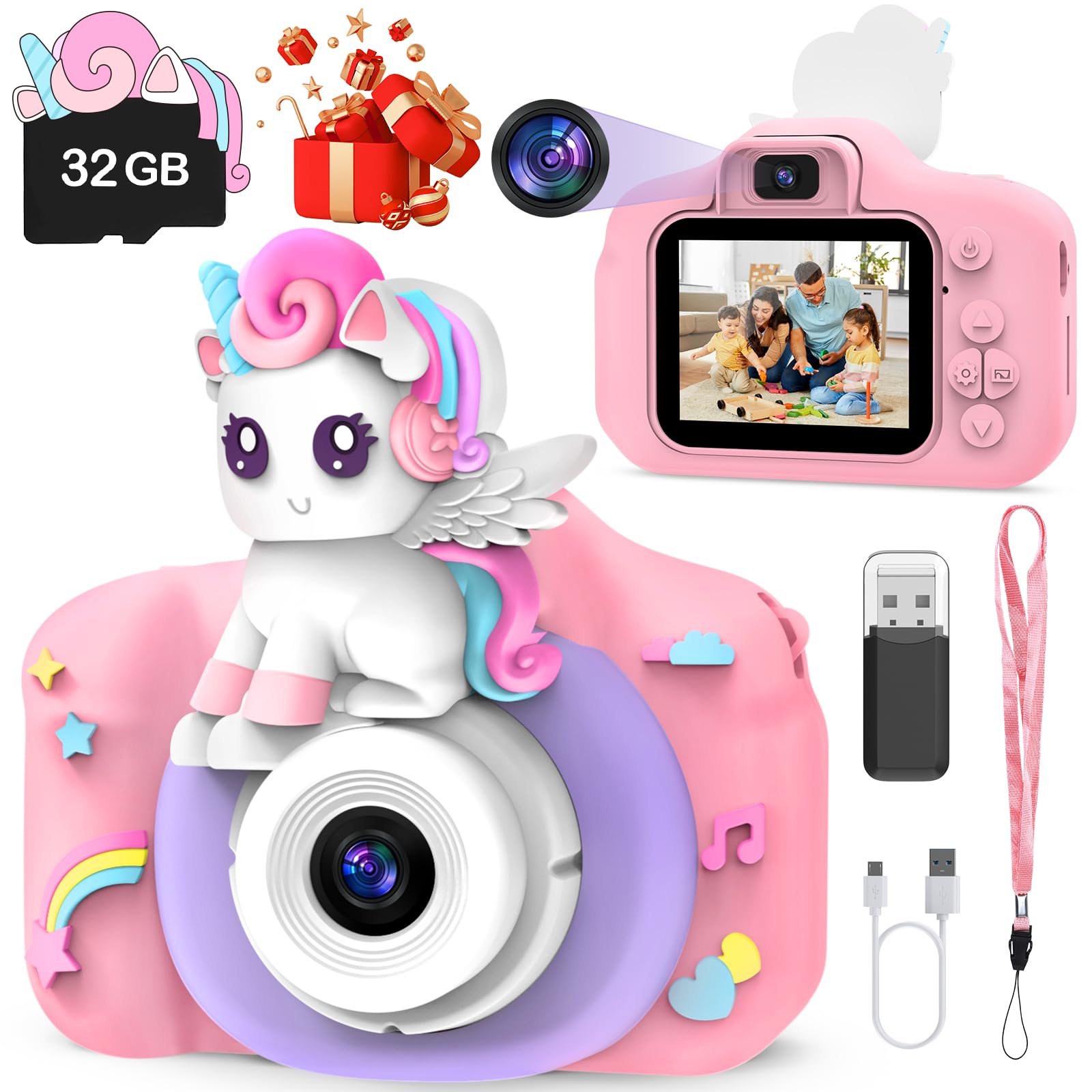 **Unicorn Kids Camera 1080P HD Digital Video Camera - Best Birthday Gift for Girls & Boys Ages 3-12, Selfie Camera Toy with 32GB SD Card - Perfect for Travel, Parties & Creative Play**