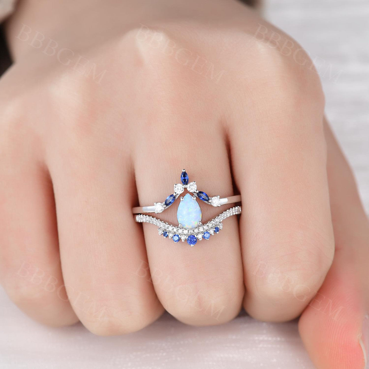 Pear Shaped Opal Engagement Ring with Diamond Accents & Blue Sapphire Wedding Band - Stackable Bridal Set for Proposal, Anniversary & Special Occasions