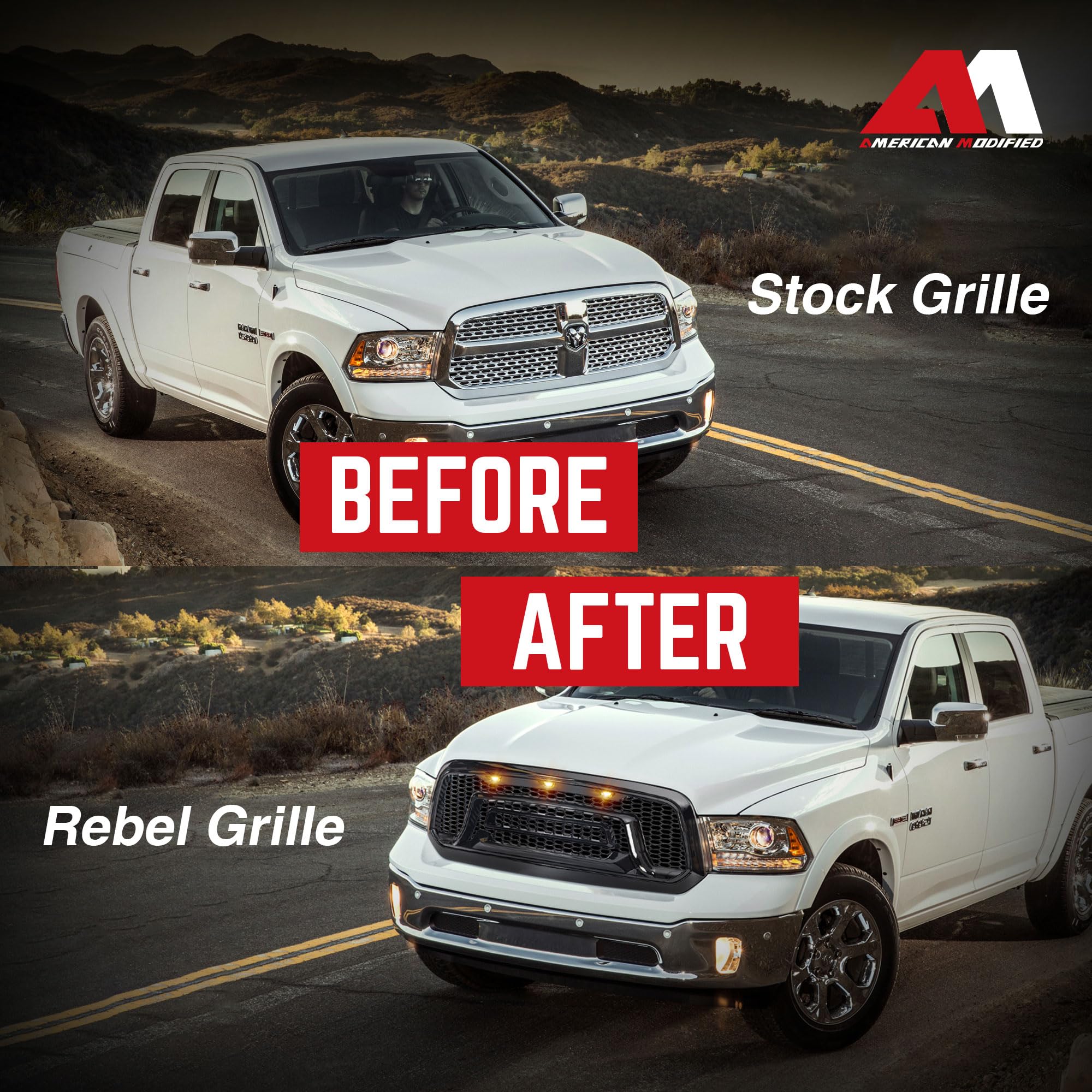 AMERICAN MODIFIED Front Grille Replacement for 2013-2018 Dodge Ram 1500 | Glossy Black Truck Grill with Amber LED Lights | Perfect for Off-Roading & Custom Truck Upgrades