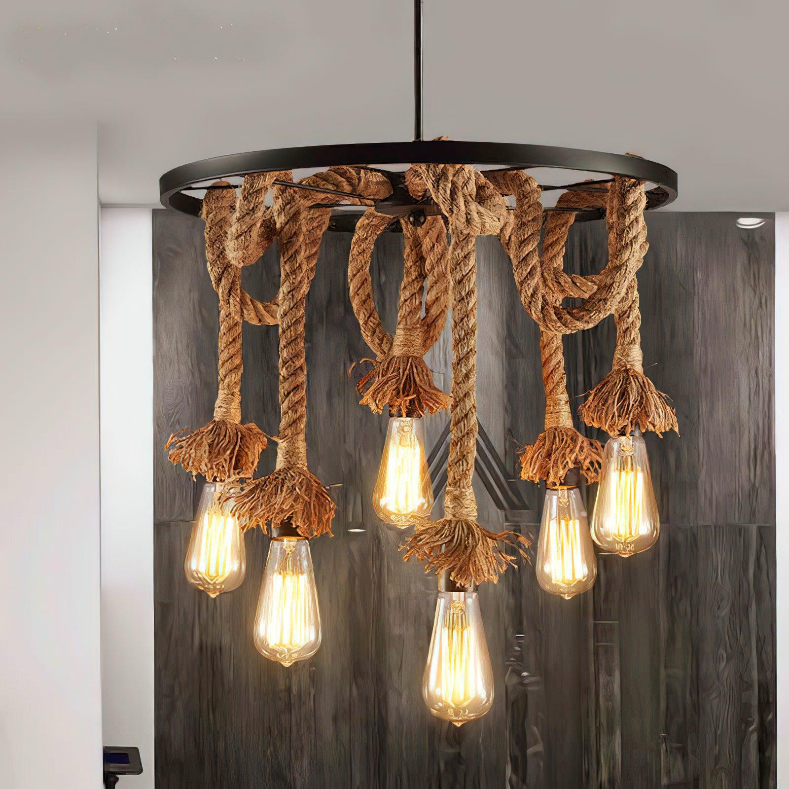 Industrial Hemp Rope Six-Light Chandelier - Farmhouse & Rustic Ceiling Lighting Fixture for Dining Room, Living Room, or Bedroom