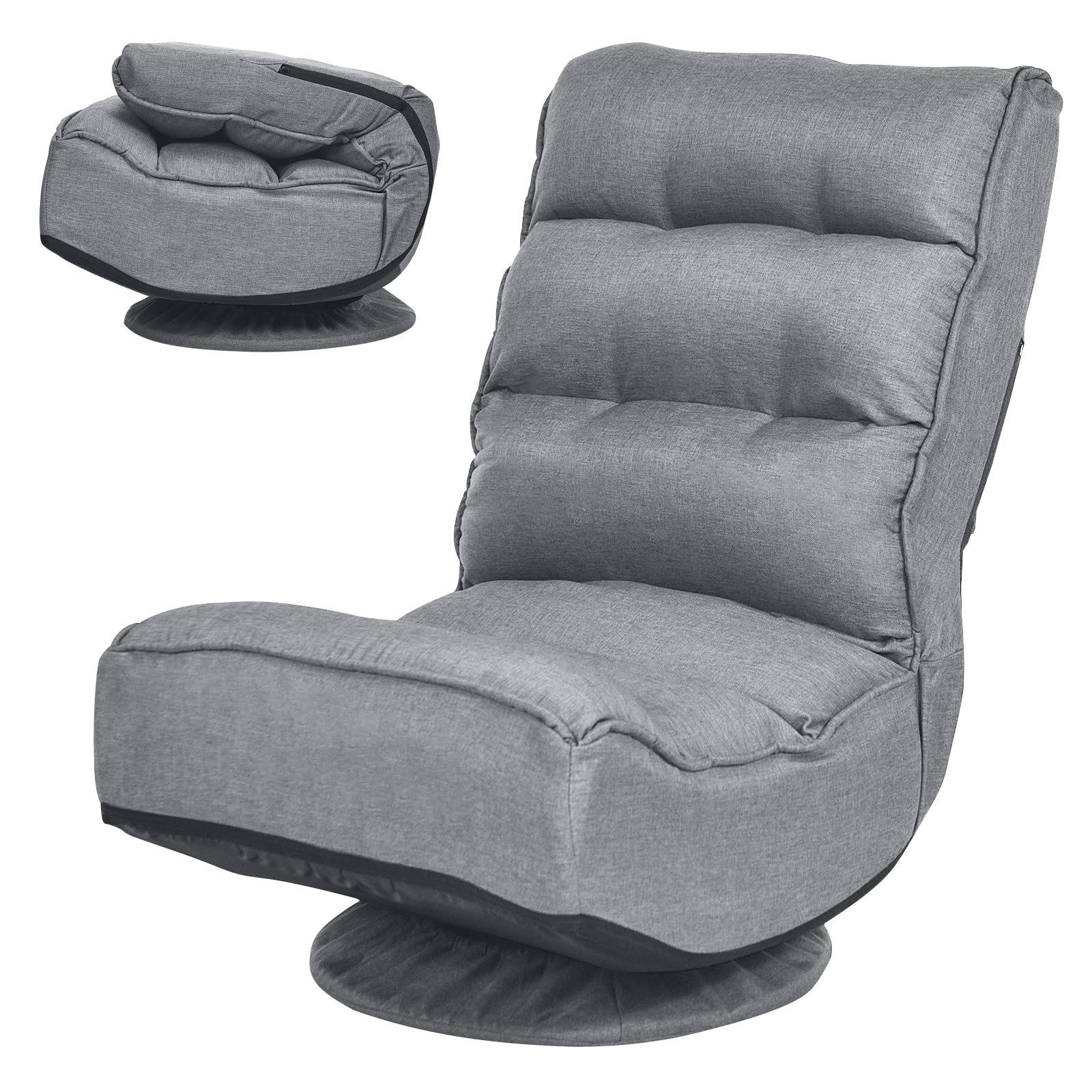 COSTWAY Adjustable 5-Position Folding Floor Chair with 360° Swivel - Ergonomic Gaming & Lounge Chair with Removable Cover & Padded Backrest - Perfect for Living Room, TV Watching, Reading & Video Games (Grey)