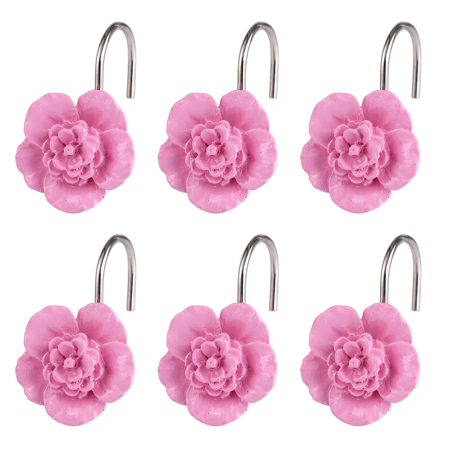 Twofish Home Pink Flower Design Shower Curtain Hooks - Set of 12 Decorative Bathroom Accessories for Shower, Bathtub, and Window Curtains