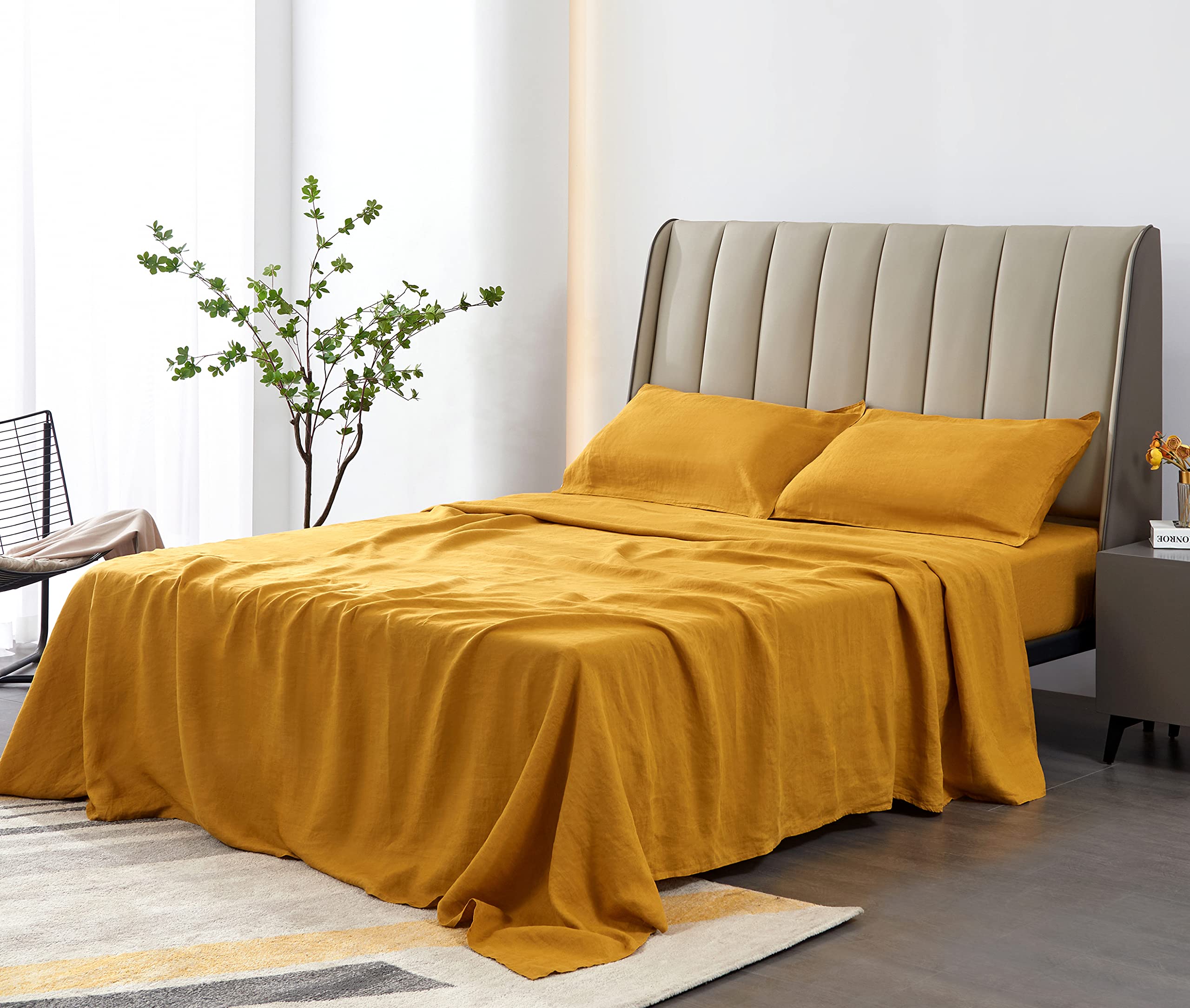 100% Organic Linen Sheets California King Size - French Flax Bedding Set 4pc (Stone Washed, Breathable, Yellow) | Luxury Eco-Friendly Bed Sheets for Master Bedroom & Guest Room