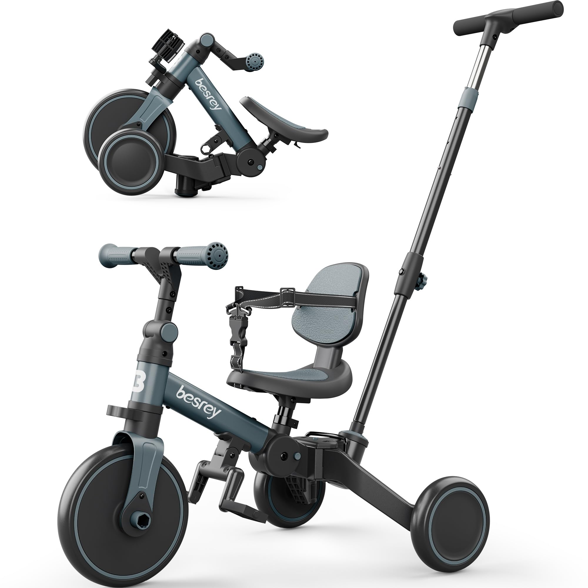 Besrey 5-in-1 Toddler Bike & Tricycle for 1-3 Year Olds - Adjustable Push Handle, Safety Belt & Backrest - Balance Bike & First Bike for Boys & Girls - Perfect Birthday Gift & Outdoor Play Toy for Toddlers