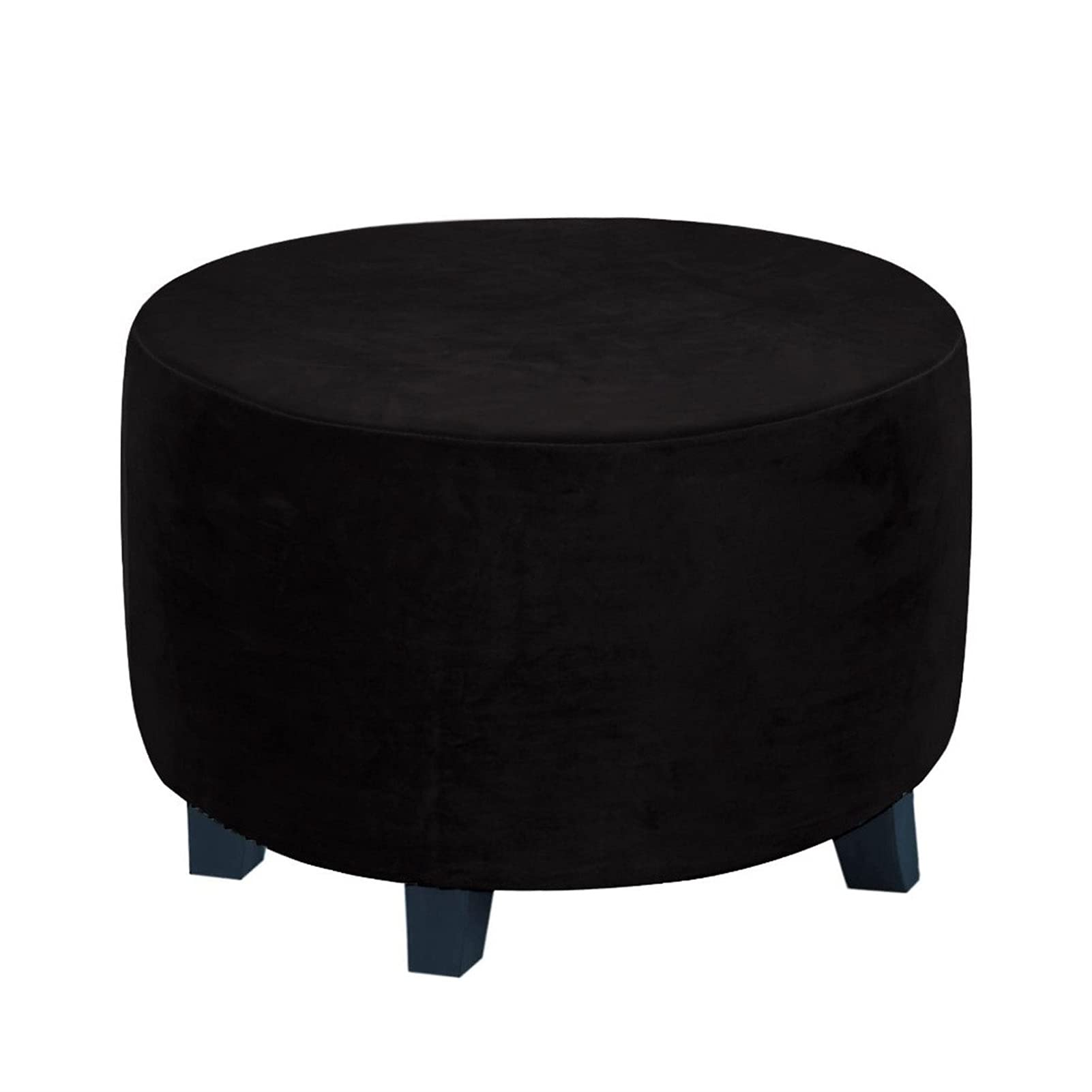 YXLJC Stretch Velvet Round Ottoman Slipcover - Soft Removable Footstool Protector for Living Room & Bedroom (Black, Small)