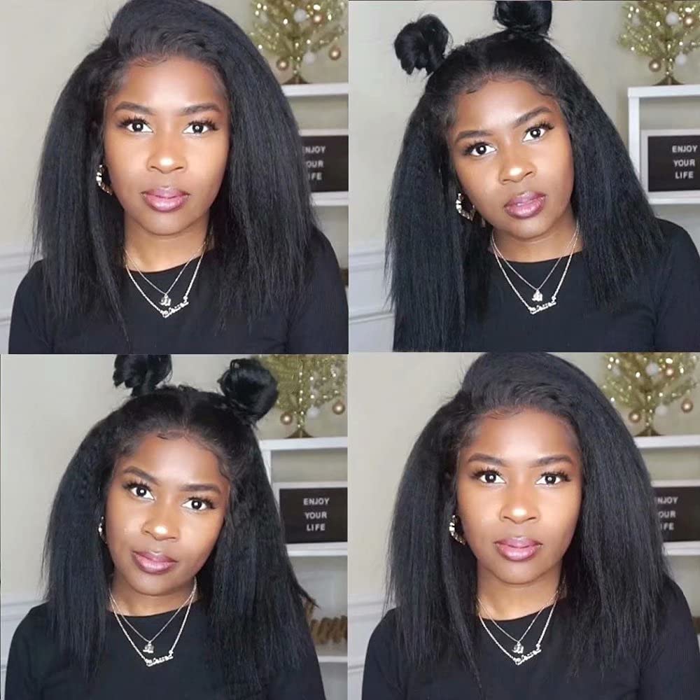 QUINLUX 13x6 Short Bob Italian Yaki Lace Front Wig - 150% Density Kinky Straight Human Hair Wig for Black Women | HD Transparent Lace | Pre-Plucked with Baby Hair | 12 Inch Peruvian Yaki Wig | Perfect for Daily Wear, Cosplay & Protective Styling